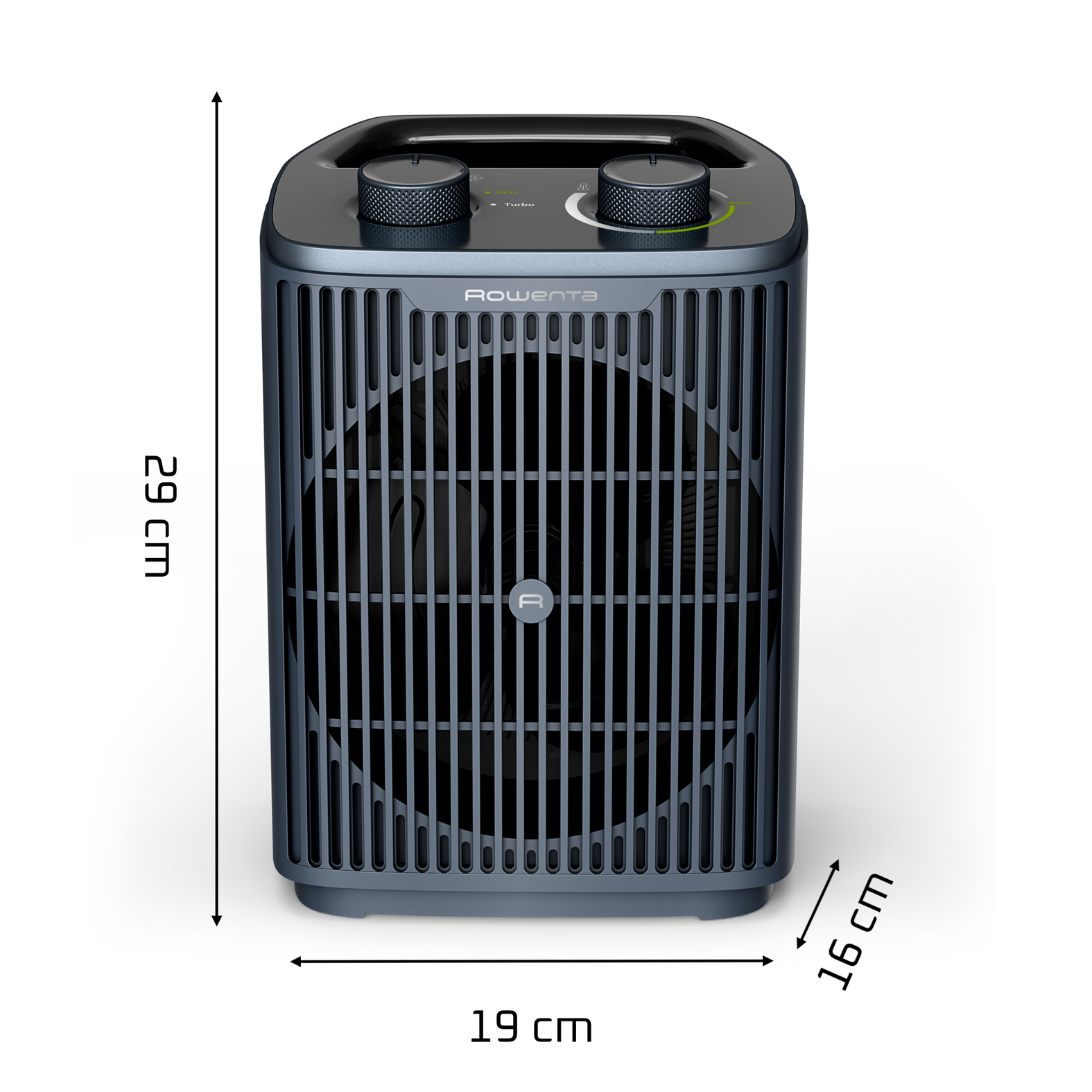 Calefactor Rowenta gris oscuro con controles giratorios superiores y dimensiones de 29x19x16 cm.