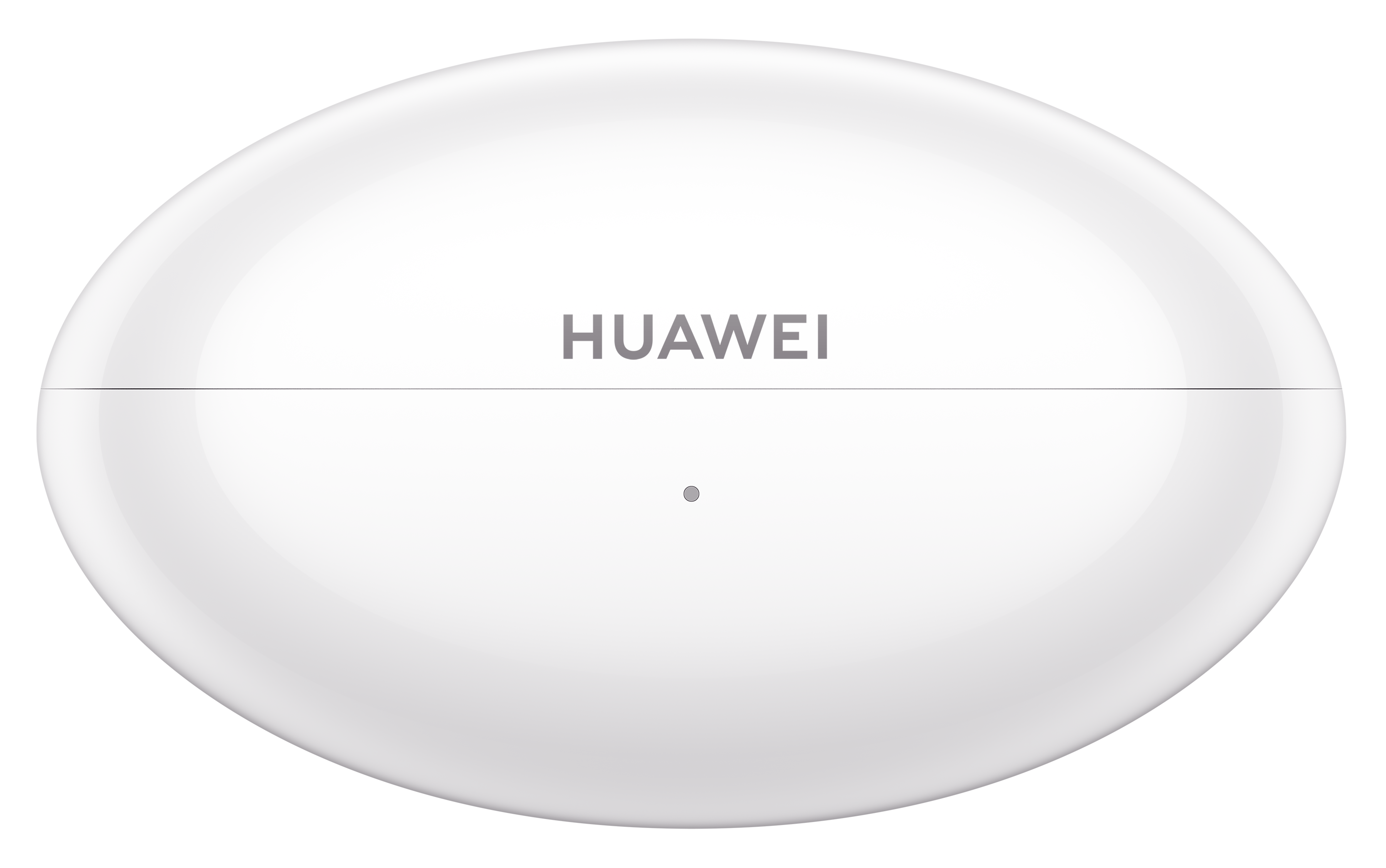 Białe, owalne etui na słuchawki bezprzewodowe Huawei na czarnym tle.