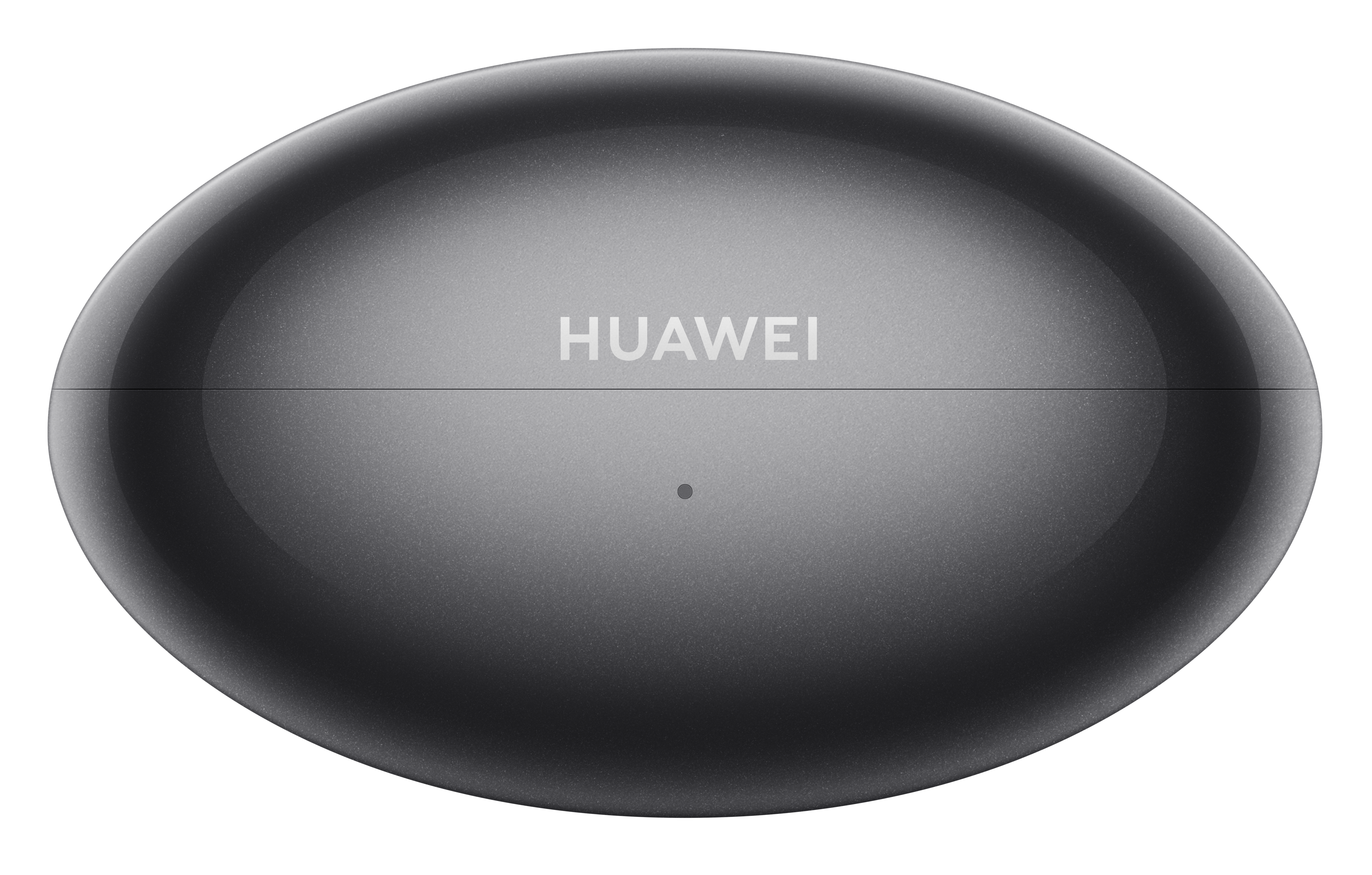 Szare, owalne etui ładujące Huawei z nazwą marki u góry i małą diodą LED na dole na białym tle.