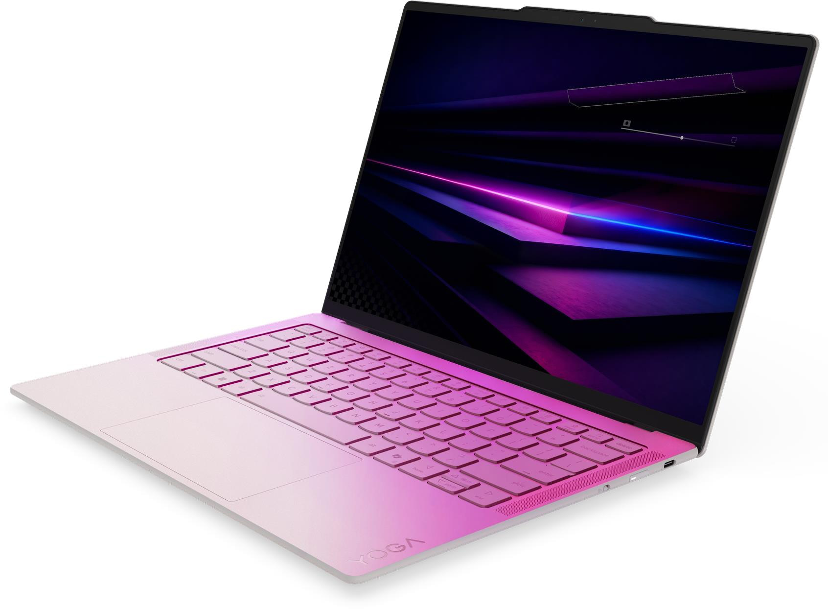 Egy rózsaszín laptop absztrakt lila háttérrel a képernyőn egy fehér felületen áll.