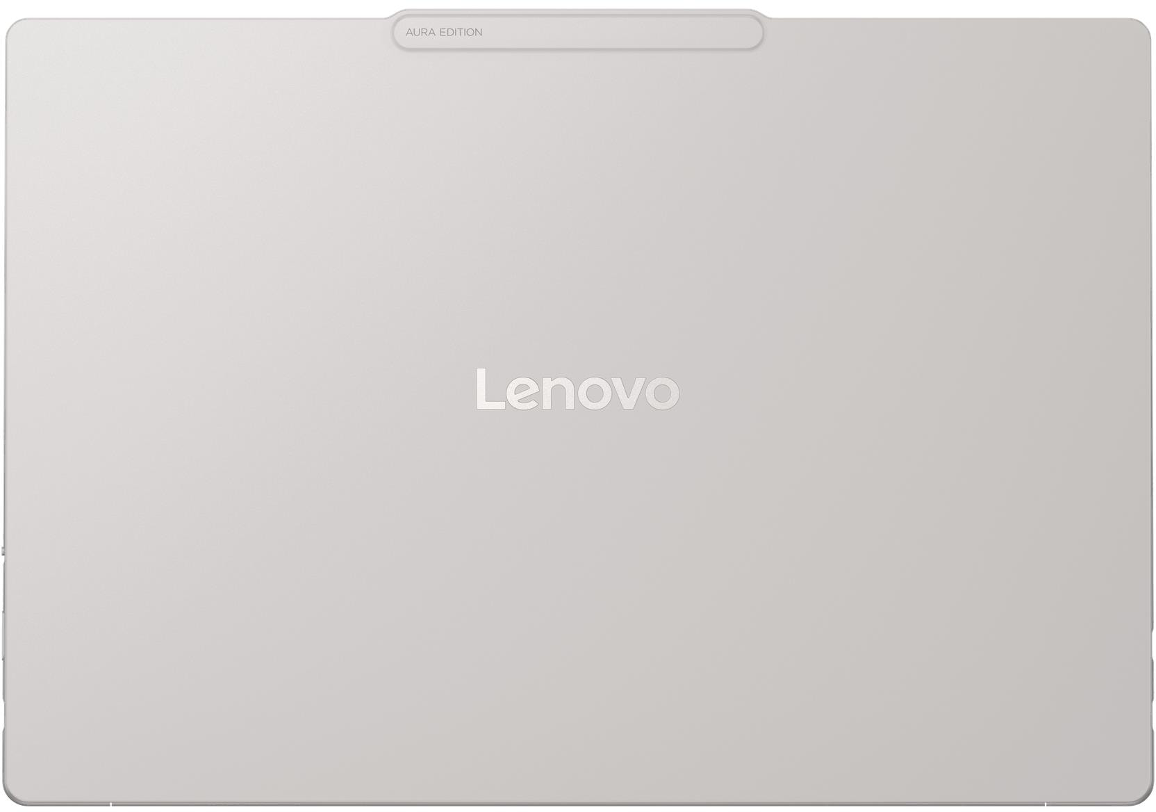 Egy zárt Lenovo Aura Edition laptop ezüst tetején látható a Lenovo logó.