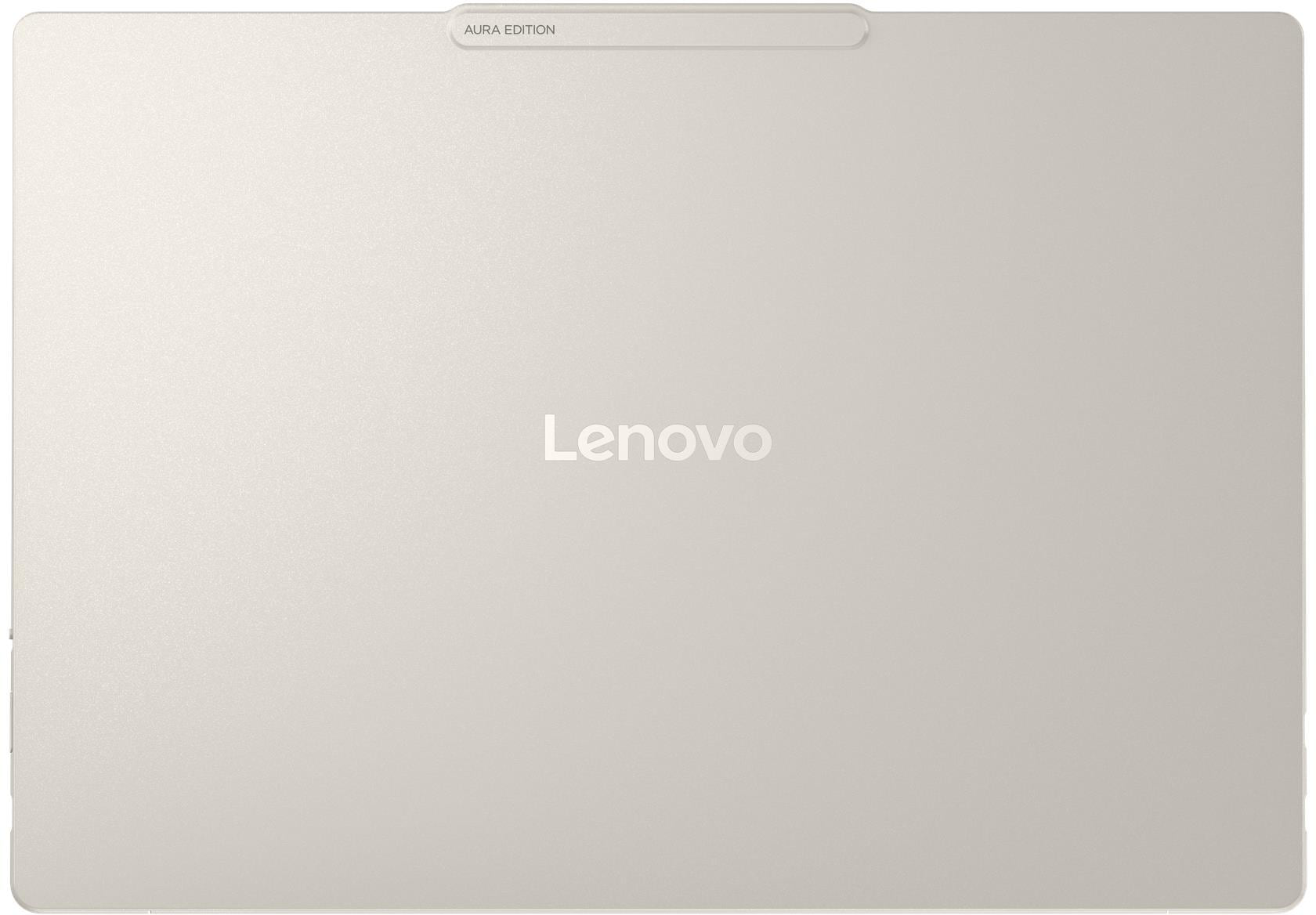 Ezüstszínű Lenovo Aura Edition laptop felülnézetben a logóval.