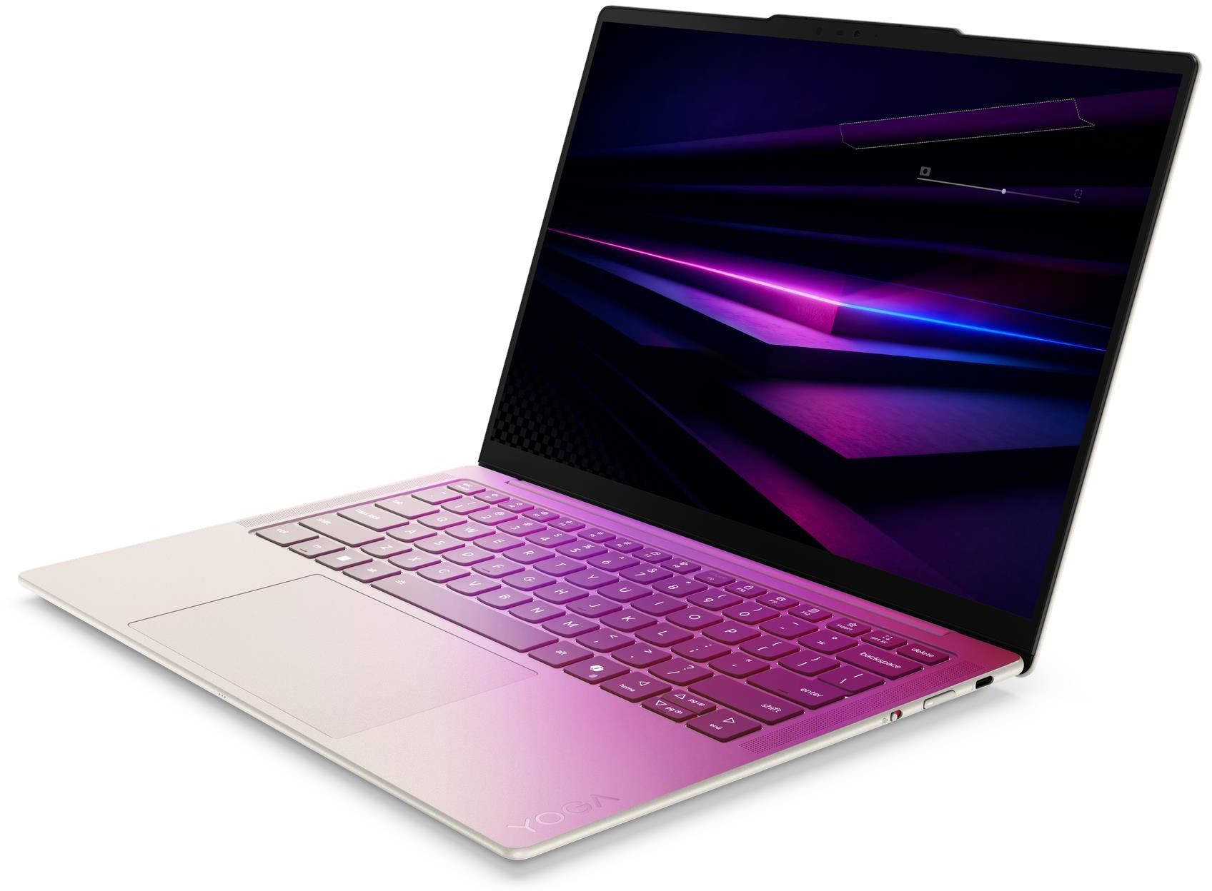 Elegáns laptop rózsaszín-fehér színátmenettel és absztrakt neonfény vonalakat mutató képernyővel.