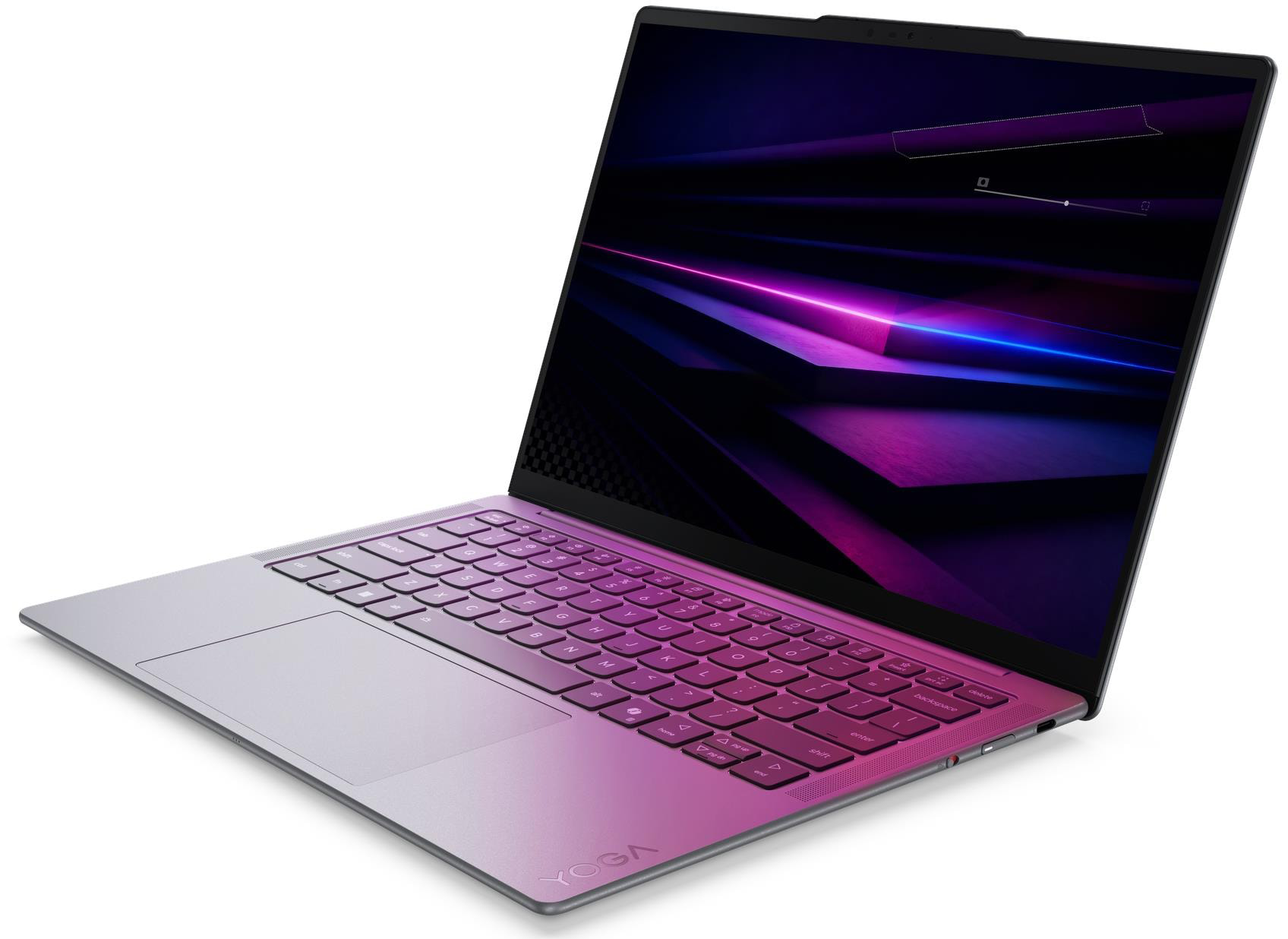 Egy stílusos lila laptop elvont háttérképpel a képernyőn, háromnegyedes nézetből bemutatva.