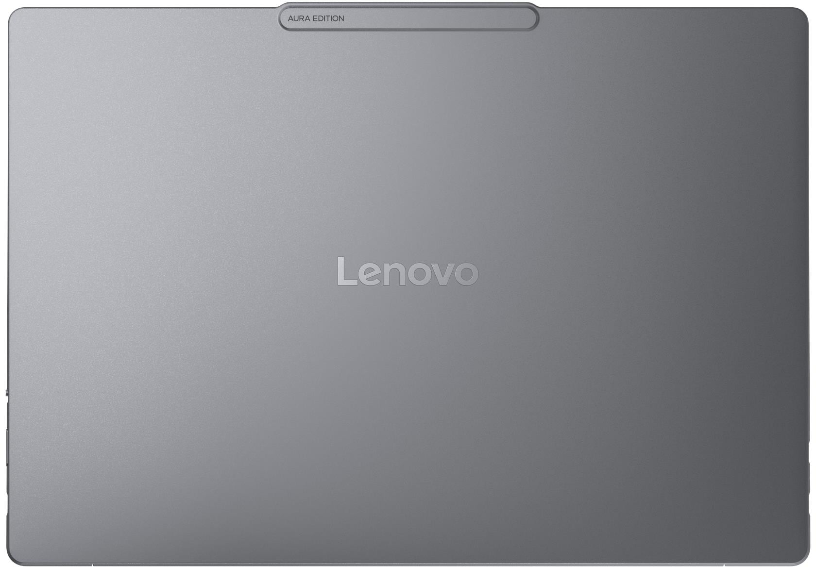Szürke, zárt Lenovo Aura Edition laptop felülről nézve.