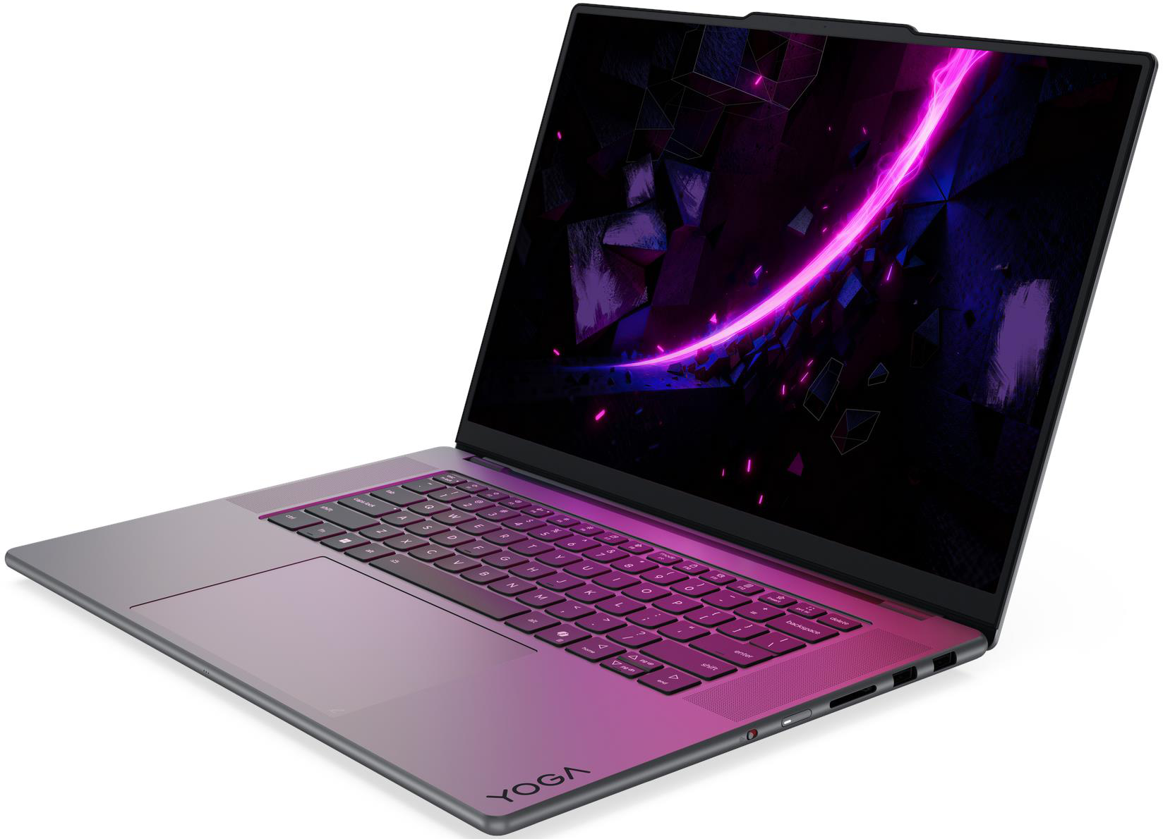 Egy szürke Yoga laptop világító billentyűzettel és absztrakt lila kijelzővel fehér háttér előtt.