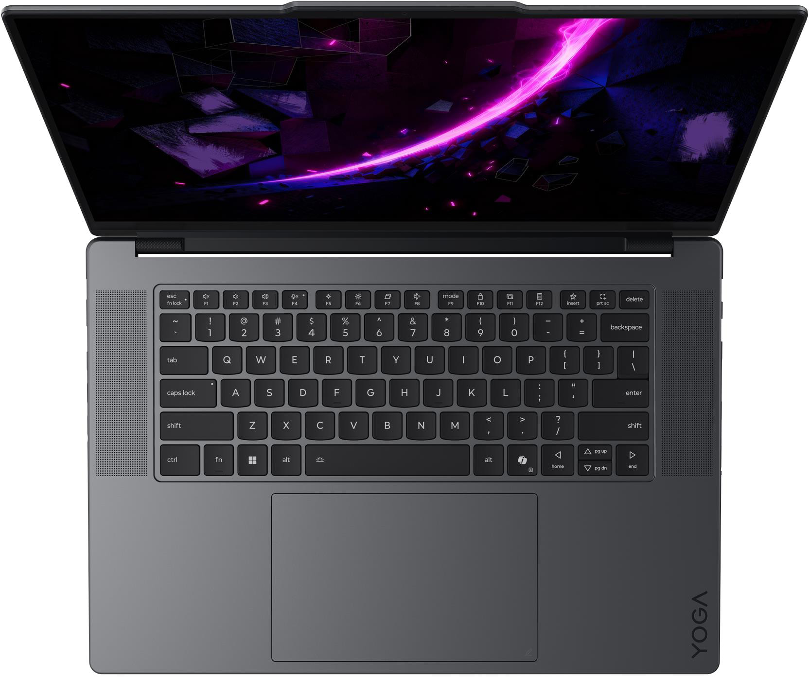 Felülnézet egy szürke laptopról billentyűzettel, érintőpaddal és absztrakt rózsaszín fényhullámos képernyővel.