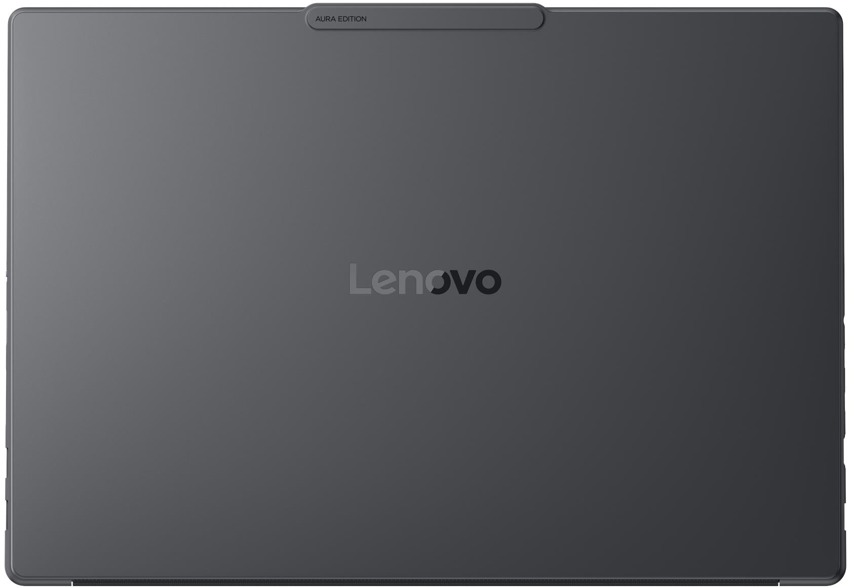 Sötétszürke Lenovo Aura Edition laptop fedél középső logóval és kis füllel a tetején.