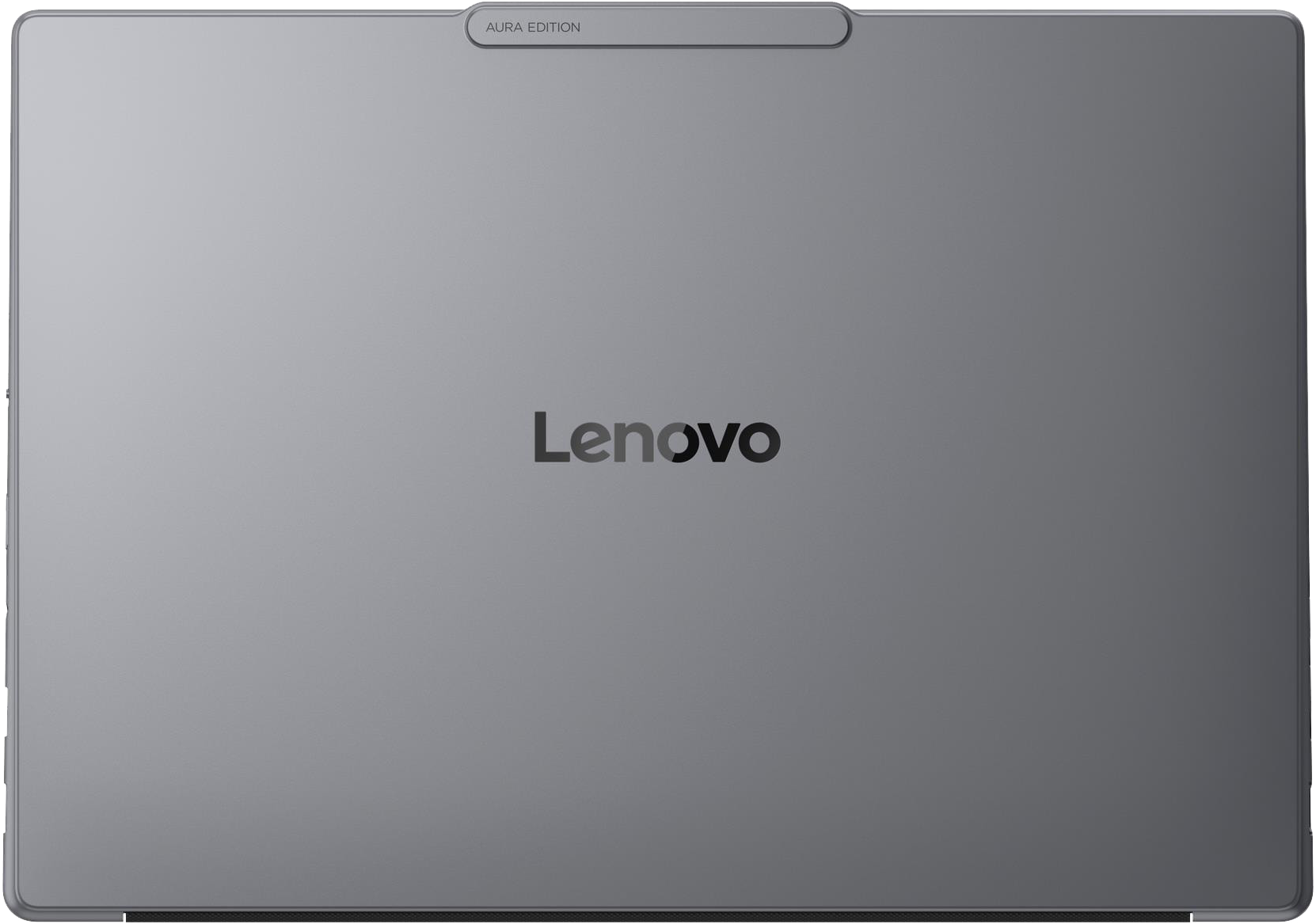 Szürke Lenovo laptop fedél a Lenovo logóval és Aura Edition felirattal.