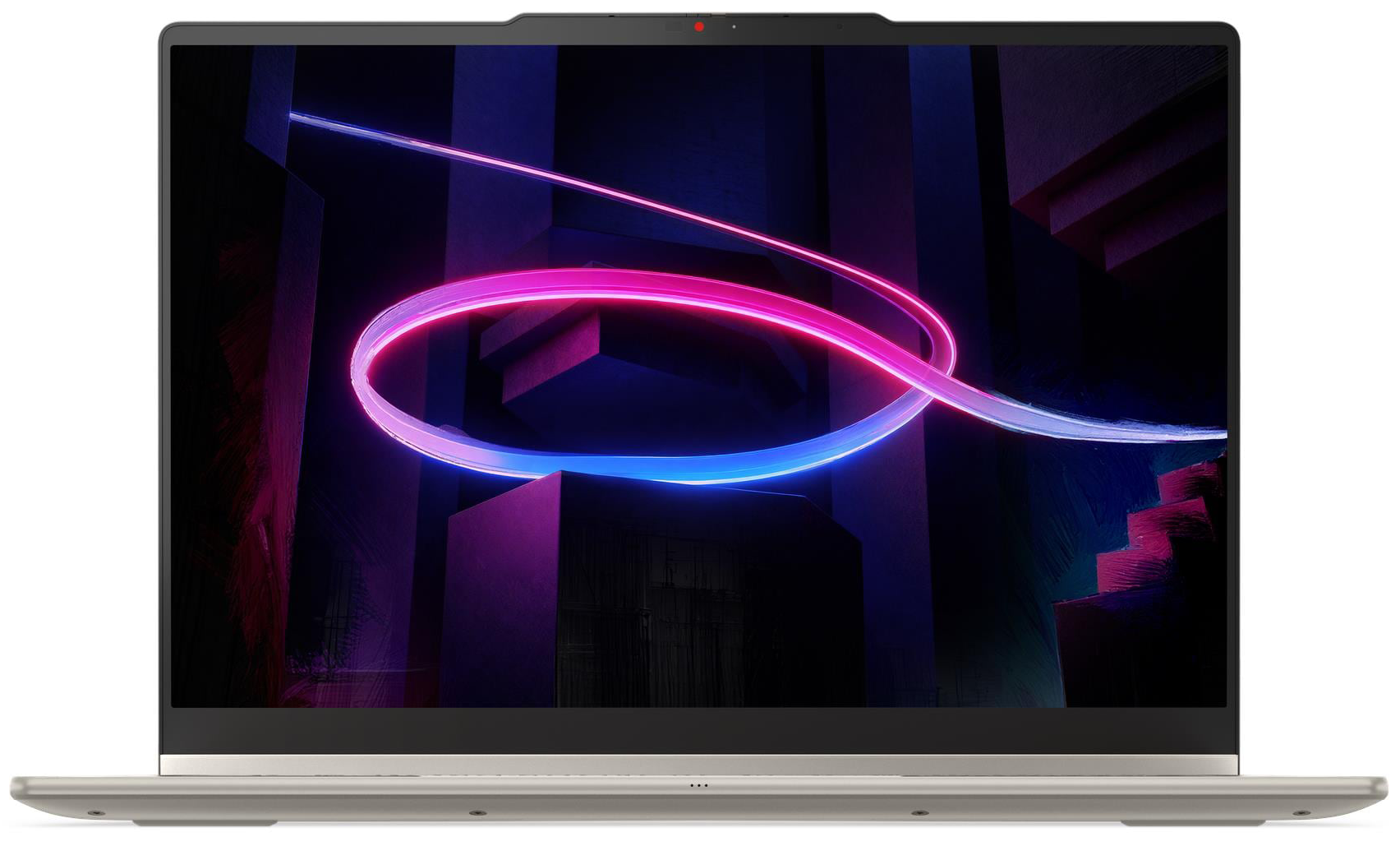 Nyitott laptop, képernyőjén színes, neon kék és rózsaszín kavargó fénymintával, sötét háttér előtt.