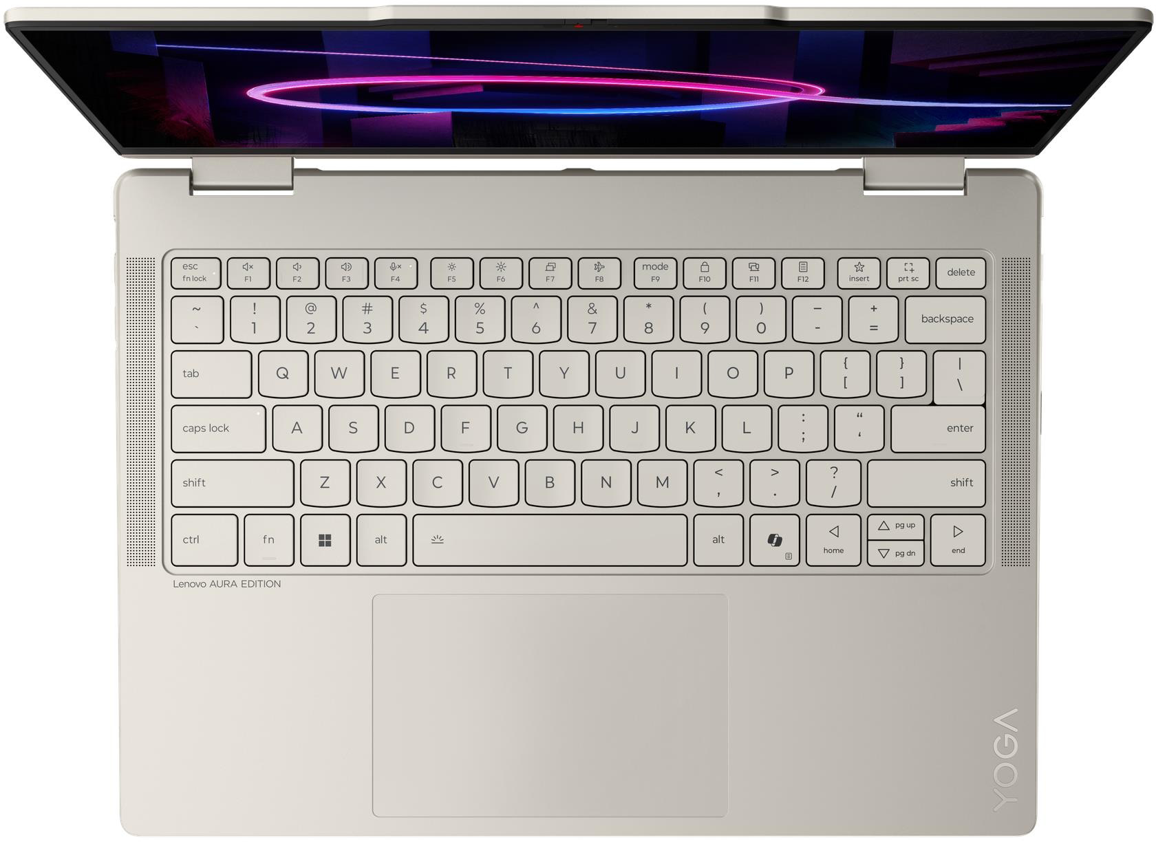 Egy ezüst Lenovo Yoga laptop felülnézete kivilágított képernyővel.