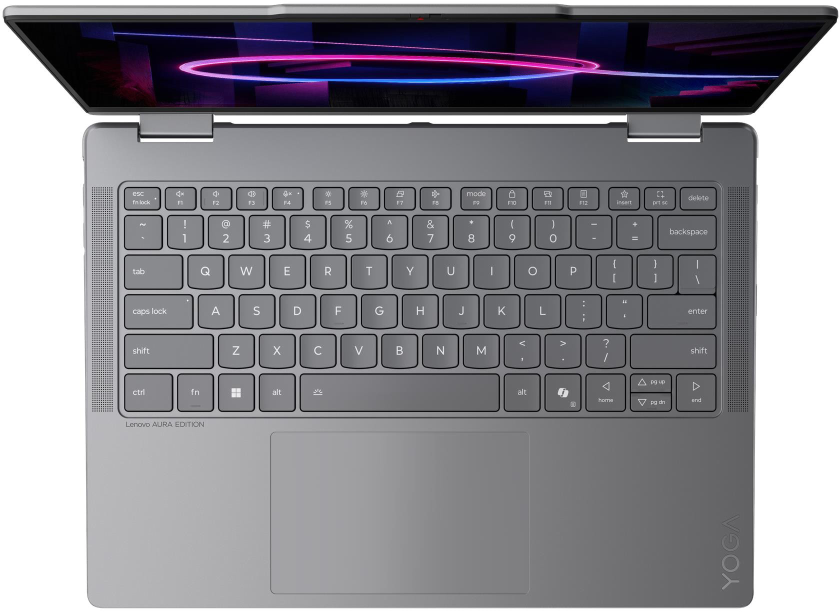 Fentről nézett szürke laptop világító képernyővel és QWERTY billentyűzettel.
