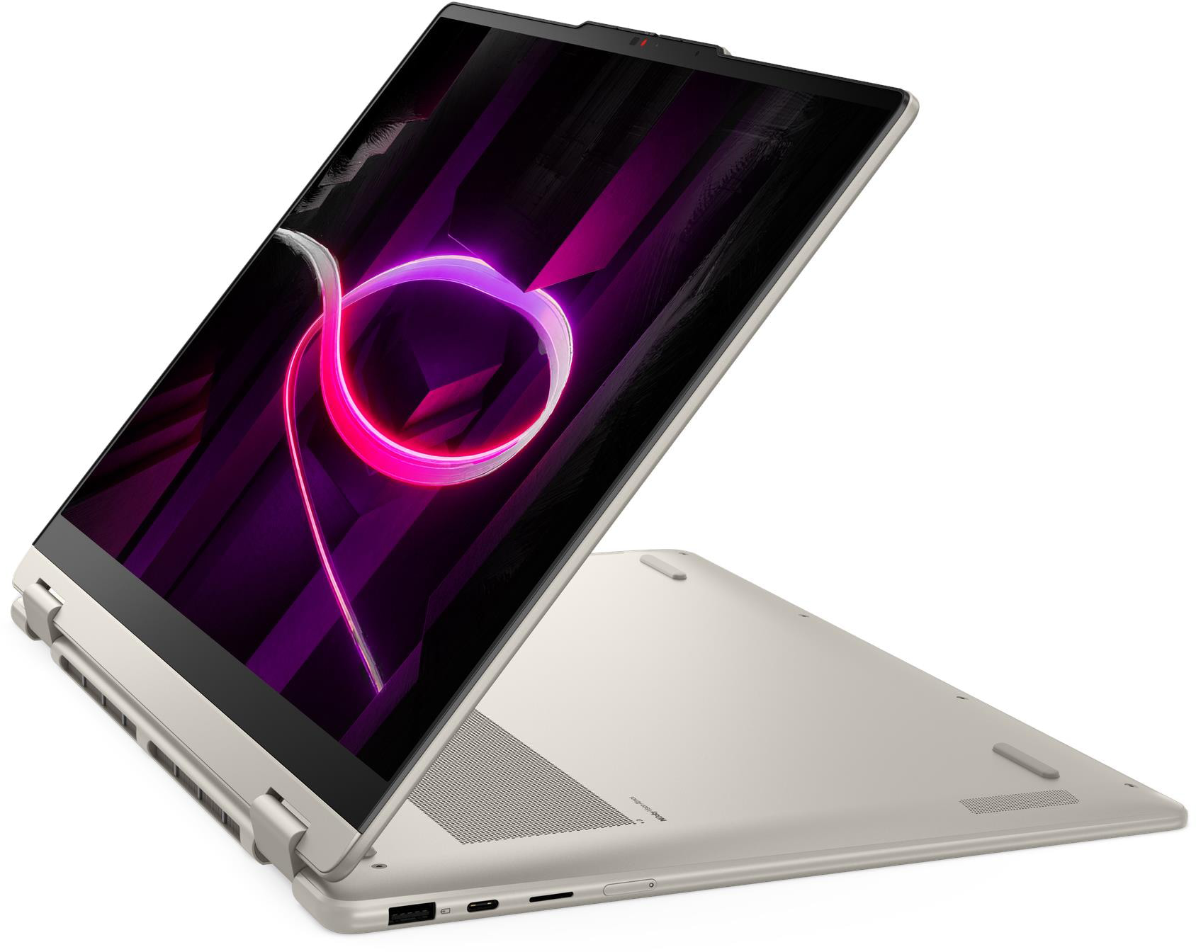 Egy ezüst színű laptop sátor módban, képernyőjén színes, absztrakt világító szalag grafikával.