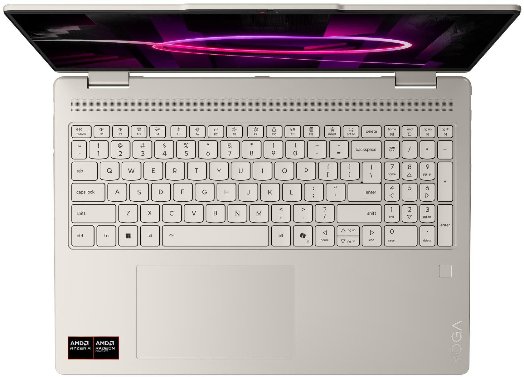Ezüst színű laptop felülnézete nyitott képernyővel, amelyen egy neonlila absztrakt kép látható.