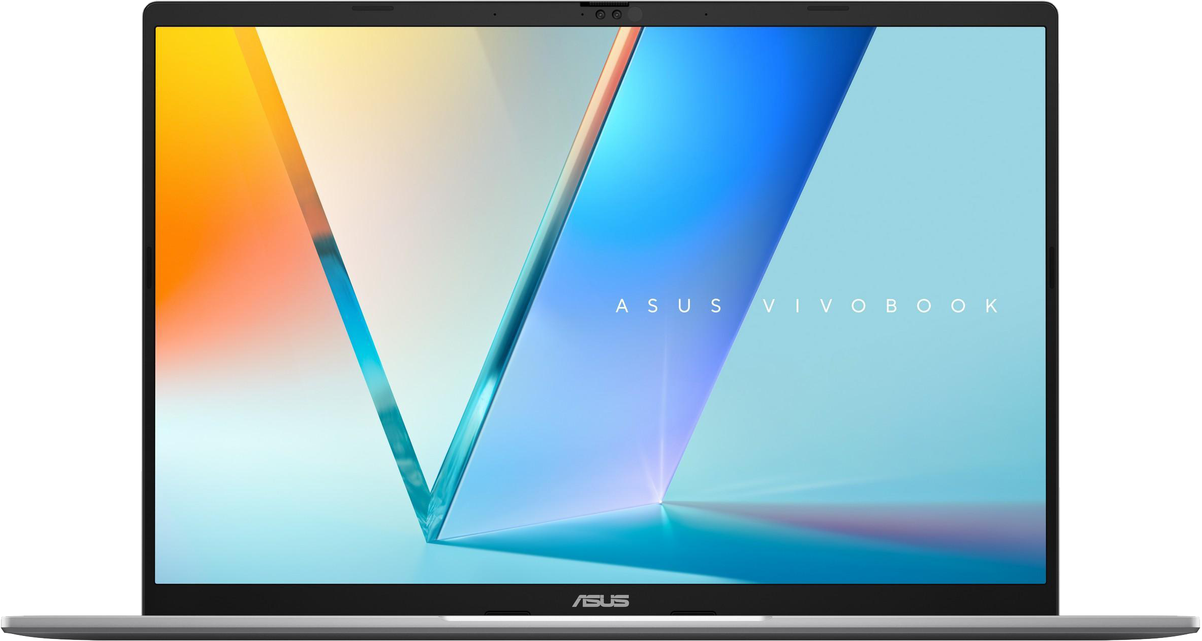 Egy ezüst Asus Vivobook laptop elülső nézete színes absztrakt háttérképpel a képernyőn.