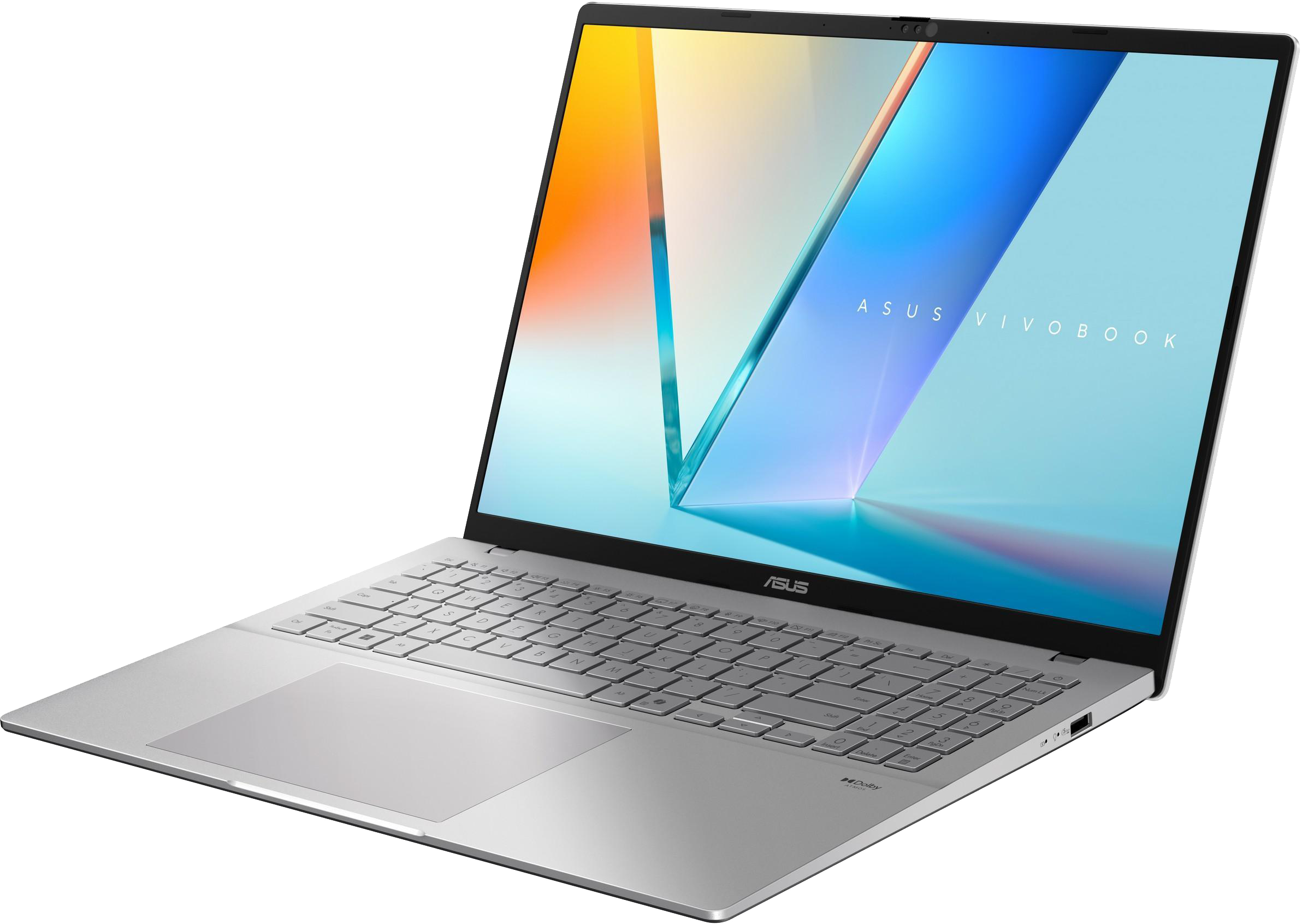 Egy ezüst színű ASUS Vivobook laptop színes háttérképpel a képernyőjén, fekete háttér előtt.