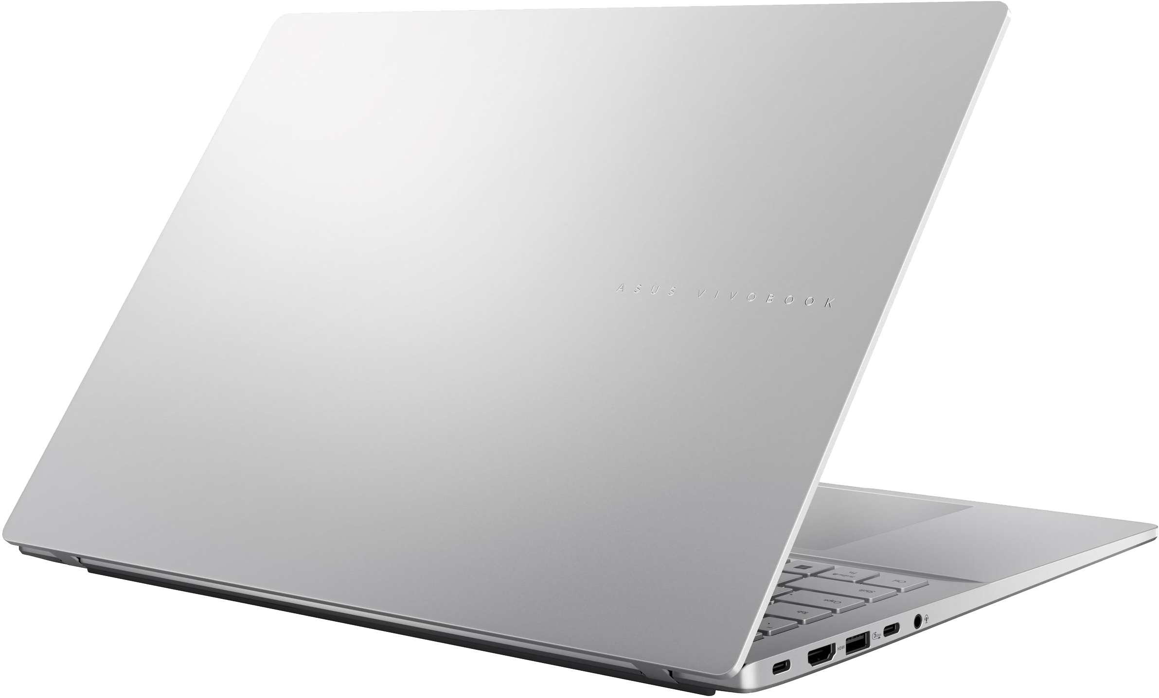 Ezüst színű ASUS VivoBook laptop fekete háttérrel, jobbról hátulról nézve.