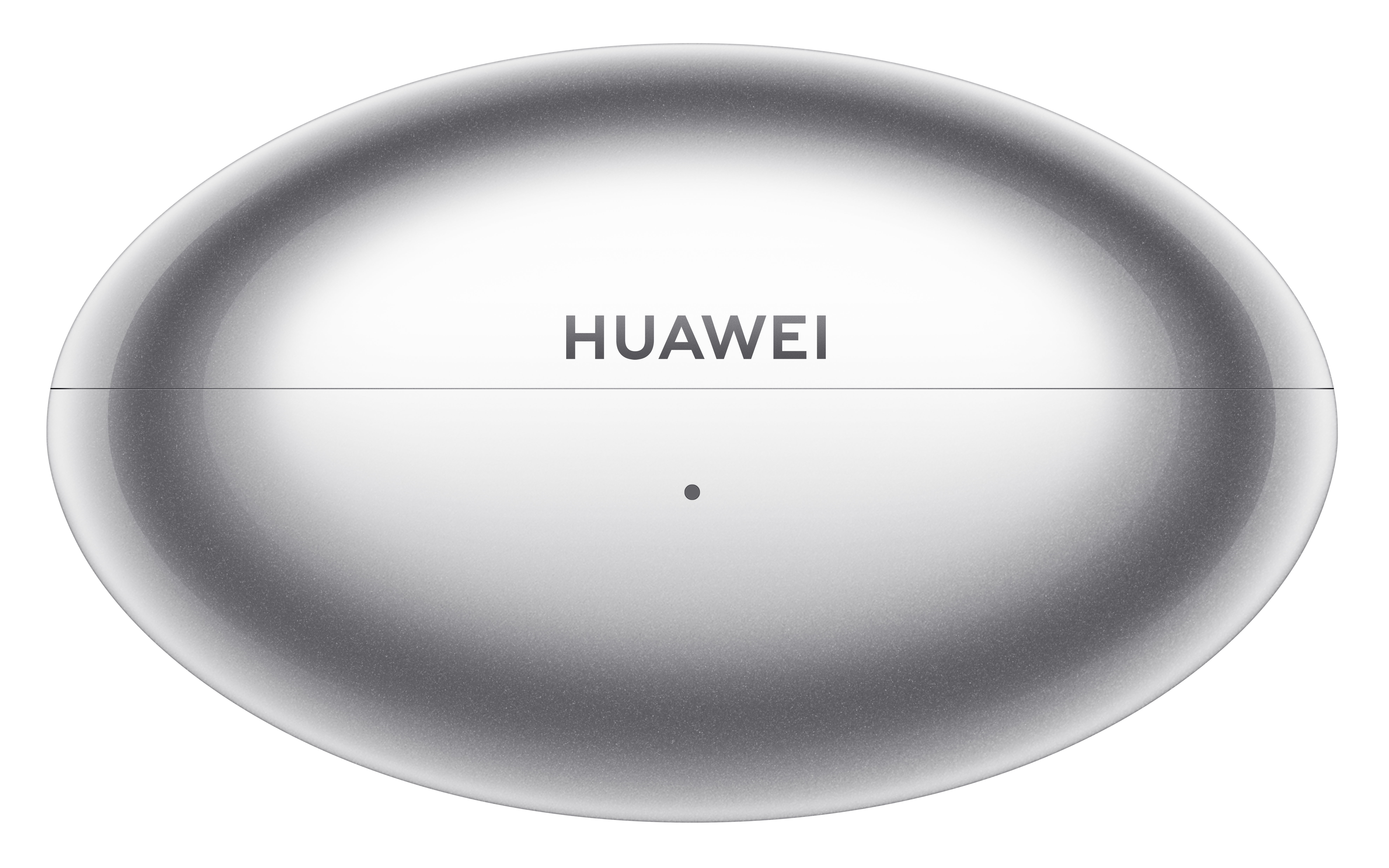 Srebrne, owalne etui ładujące do s łuchawek Huawei z centralną diodą LED na białym tle.