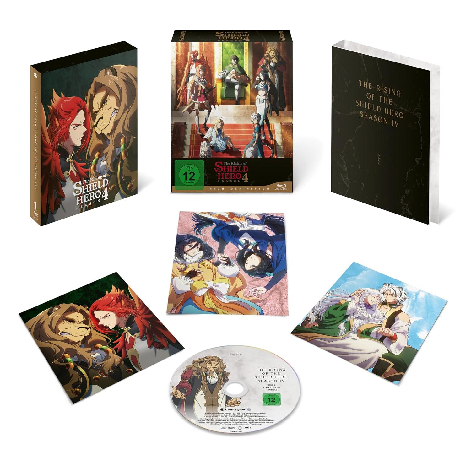 The Rising of the Shield Hero Staffel 4 Blu-ray Box mit Hülle, Artcards und Disc auf weißem Hintergrund.