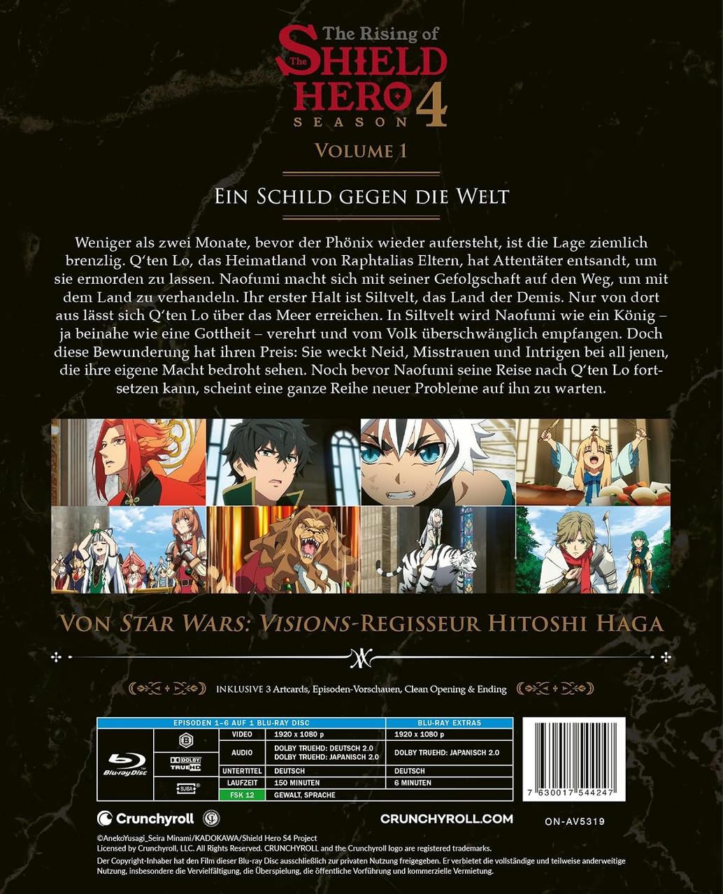 Rückseite einer Anime-Blu-ray-Hülle von Shield Hero Season 4 Volume 1 mit Beschreibung, Szenenbildern und technischen Details.