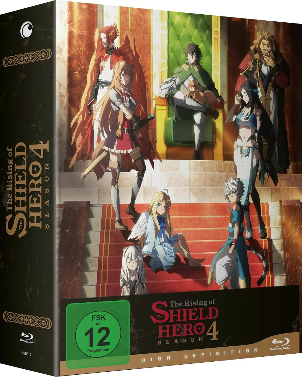 Blu-ray-Hülle von The Rising of the Shield Hero Staffel 4 mit Charakteren auf einer Treppe und einem Thron.