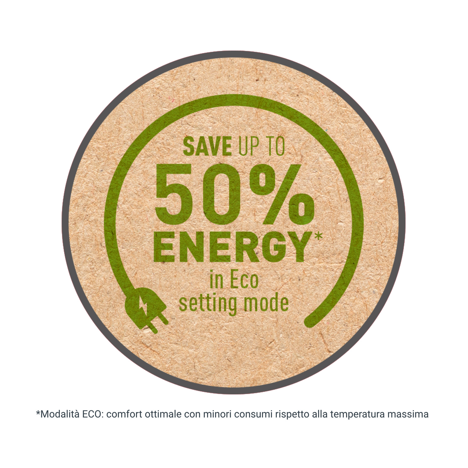 Etichetta circolare che promuove fino al 50% di risparmio energetico in modalità Eco.