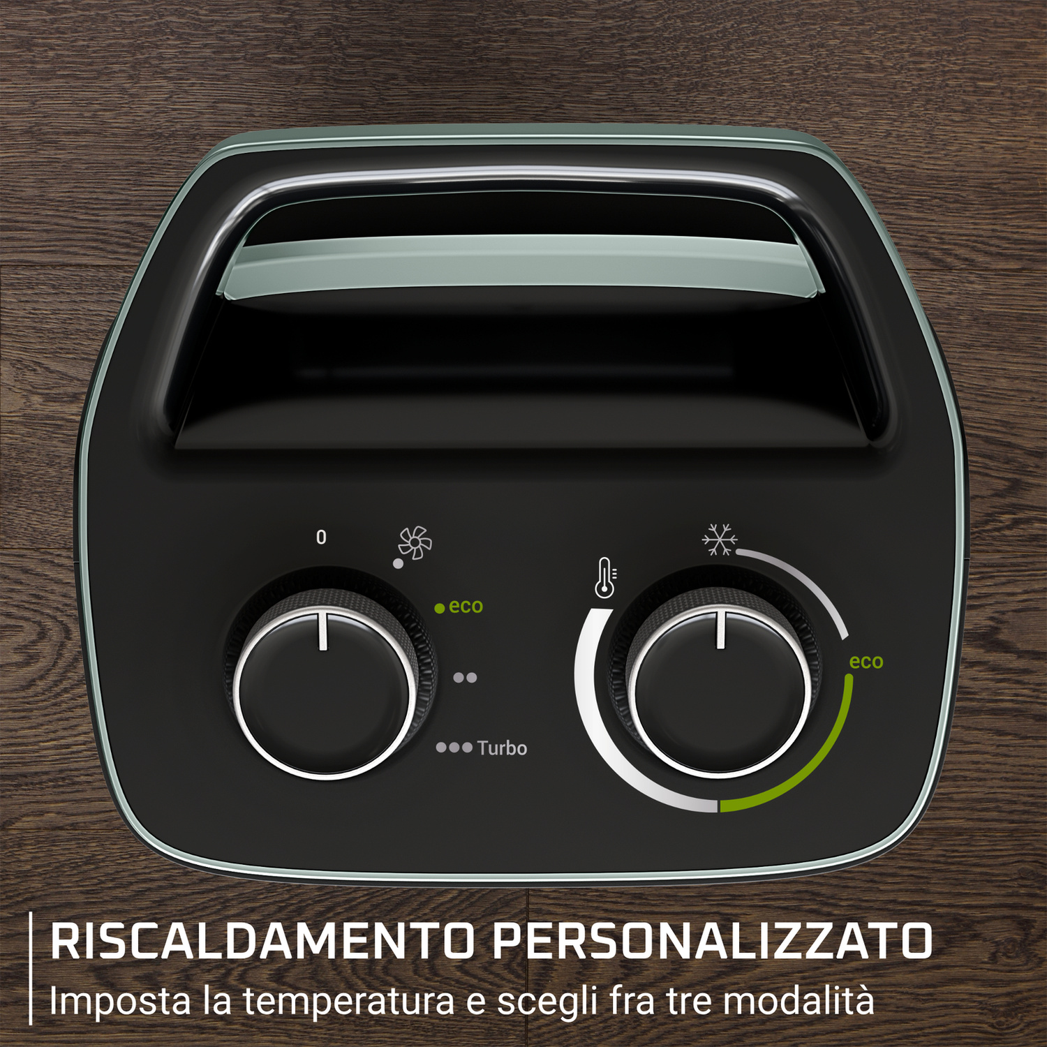 Termoventilatore nero con due manopole su superficie in legno.