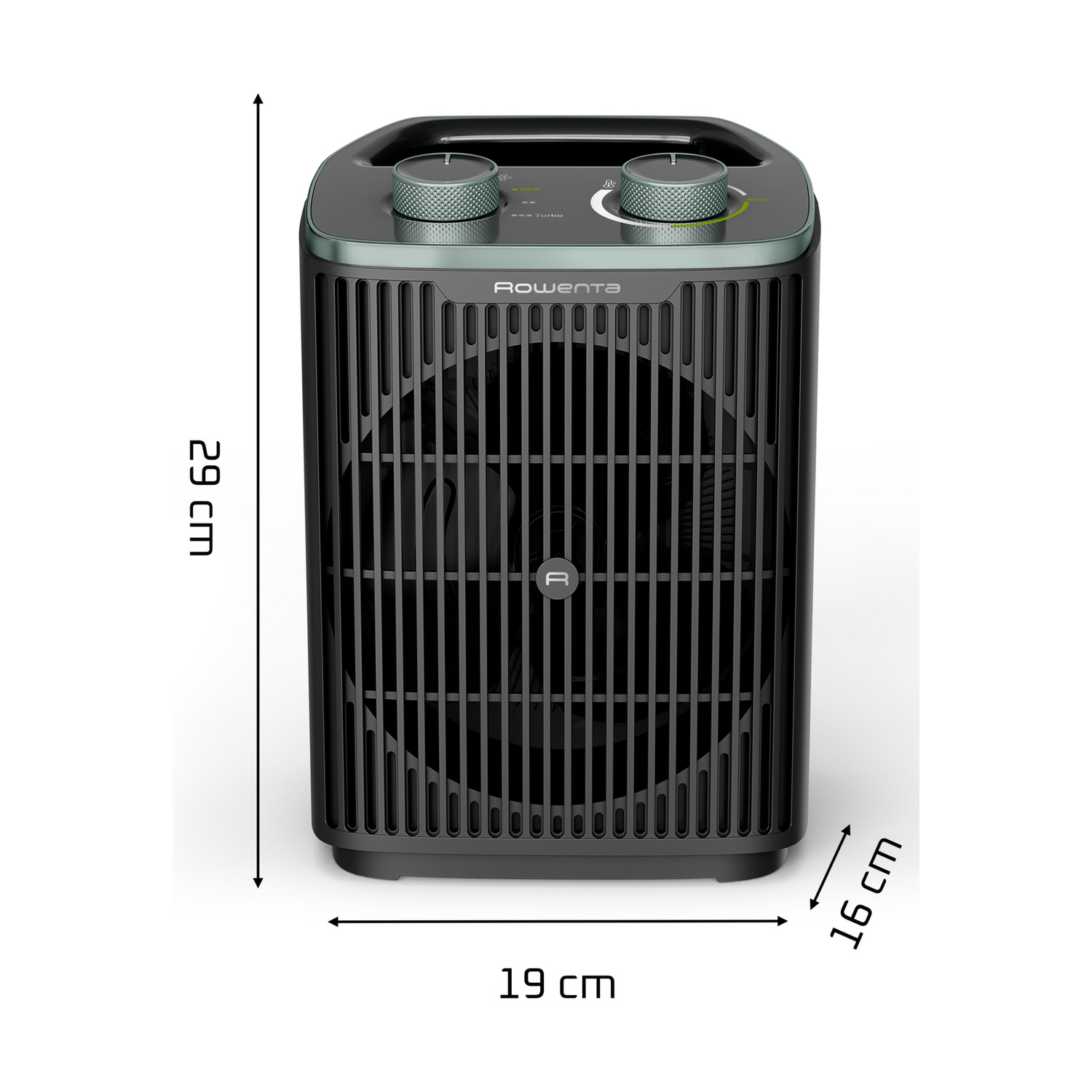 Termoventilatore Rowenta nero con due manopole superiori e dimensioni di 29 x 19 x 16 cm.
