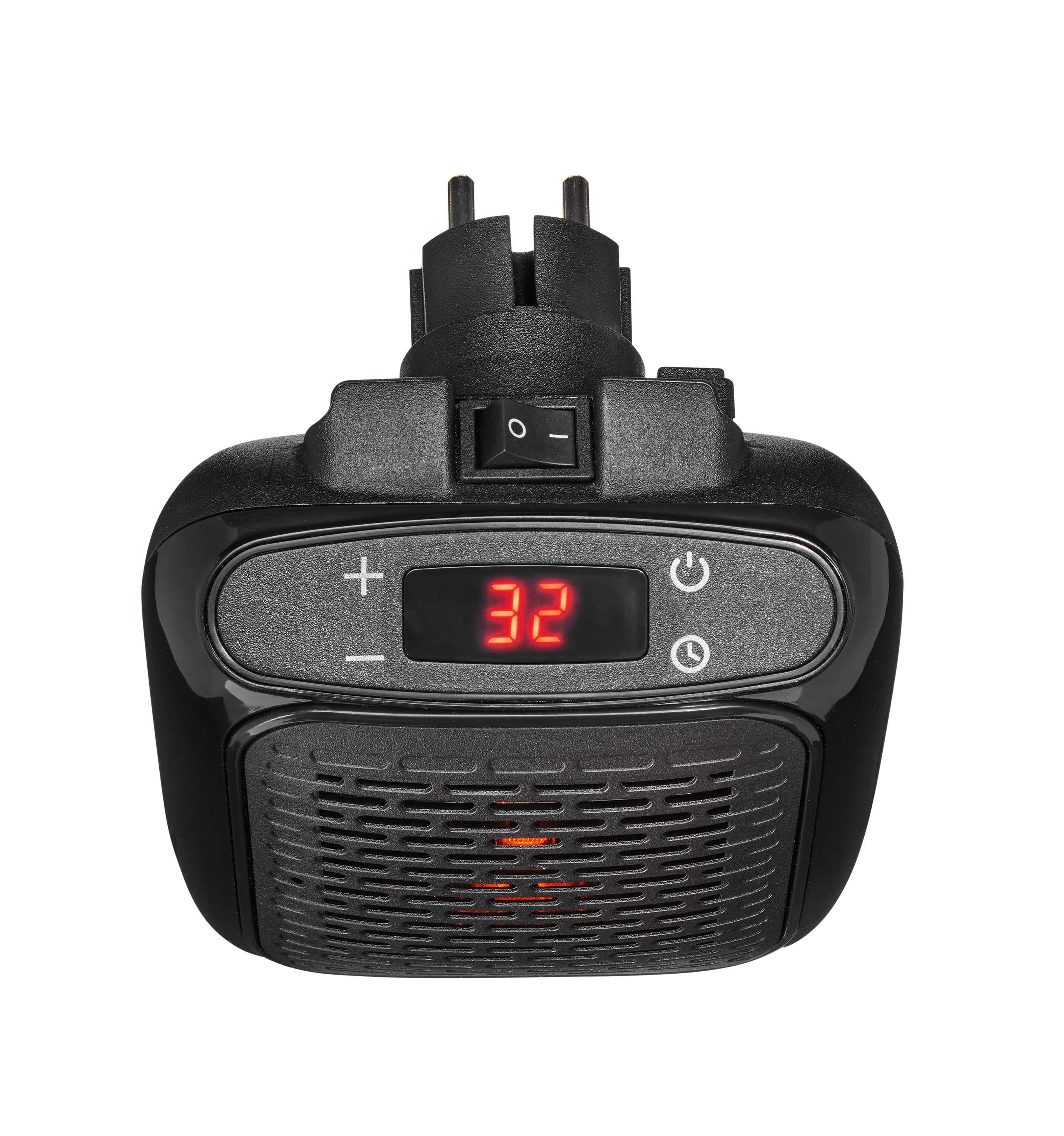 Ein schwarzer Steckdosenheizer mit roter LED-Anzeige zeigt die Temperatur 32 und ein integriertes Stromkabel.