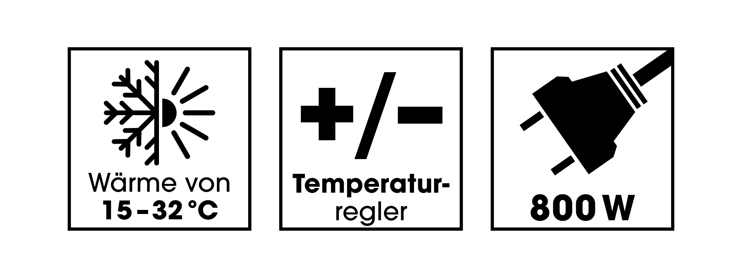 Drei Icons: Wärmebereich 15-32 Grad, Temperaturregler, und 800W Leistung.
