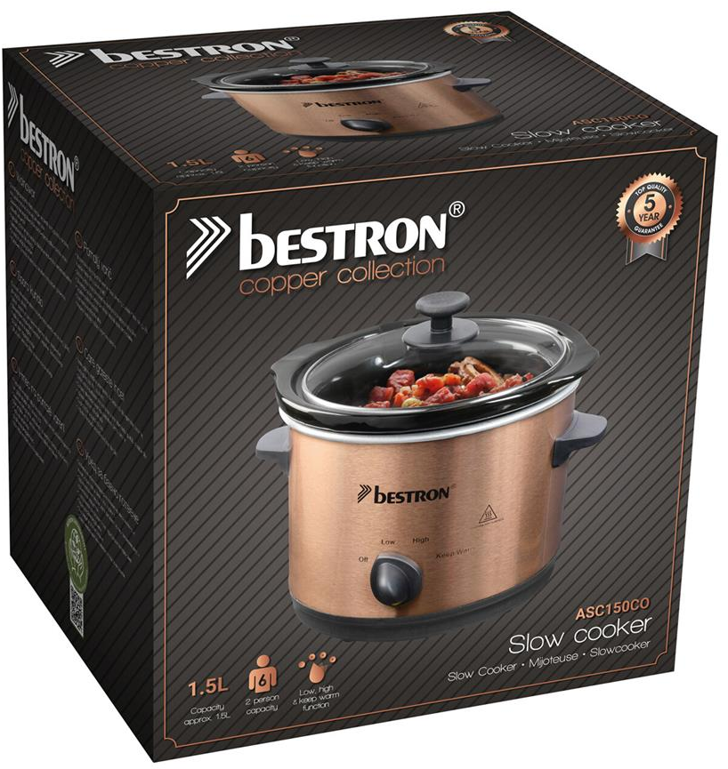 Eine Bestron Copper Collection Slow Cooker Schachtel mit Produktbild, Glasdeckel und Essen darin.