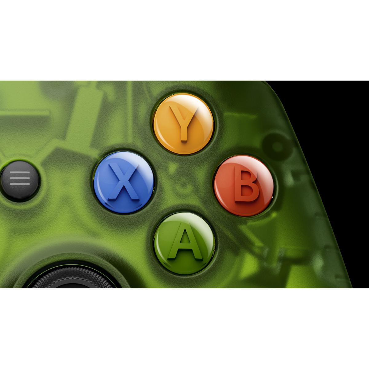 Nahaufnahme eines grünen Xbox-Controllers mit den bunten Tasten Y, X, B und A.