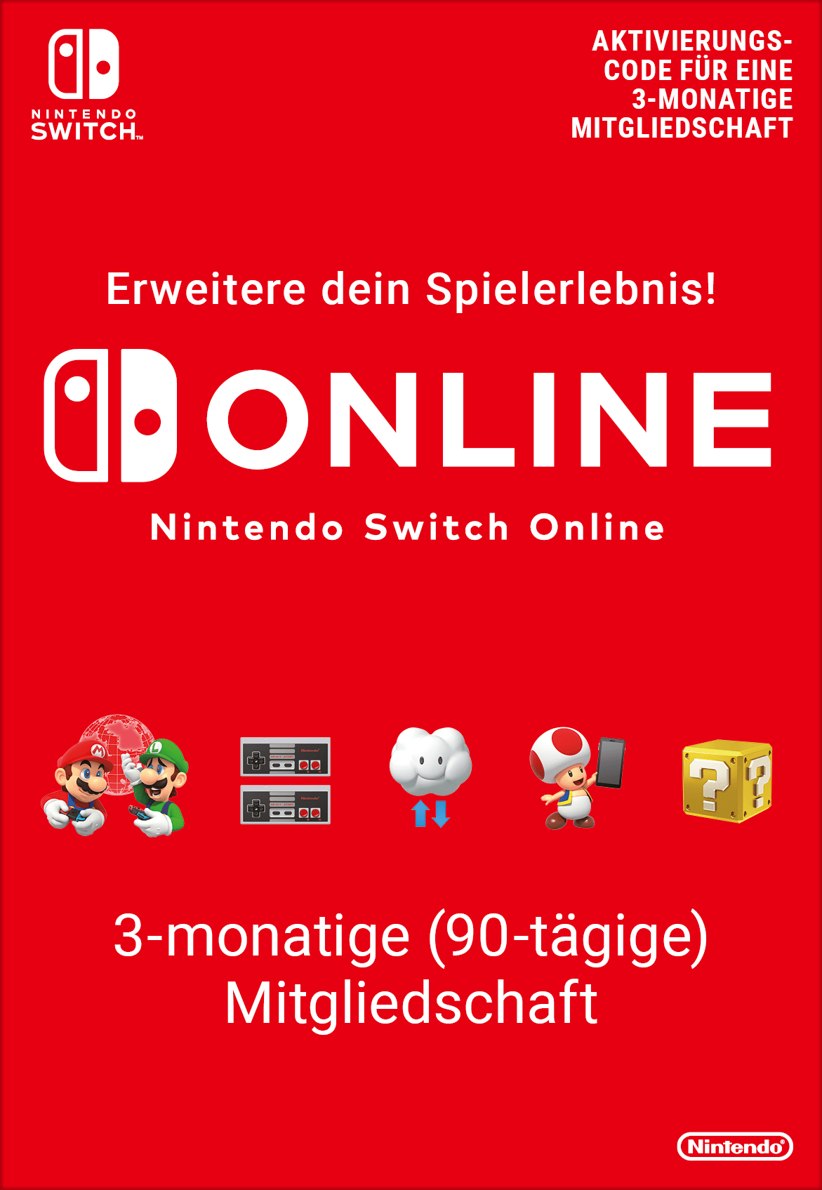 Rote Nintendo Switch Online Geschenkkarte mit Mario, Luigi, Controllern, Cloud und Fragezeichen-Block.