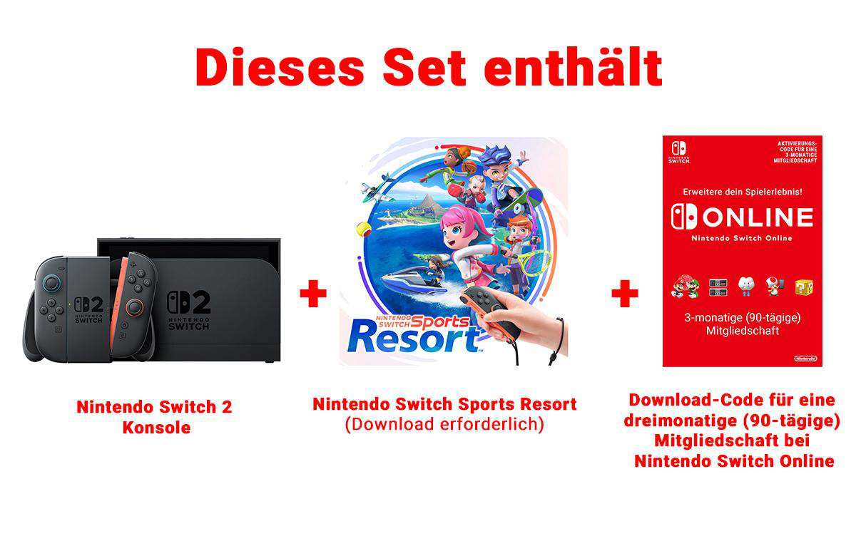 Nintendo Switch Bundle mit Konsole, Sports Resort Download und 3 Monaten Online-Mitgliedschaft.
