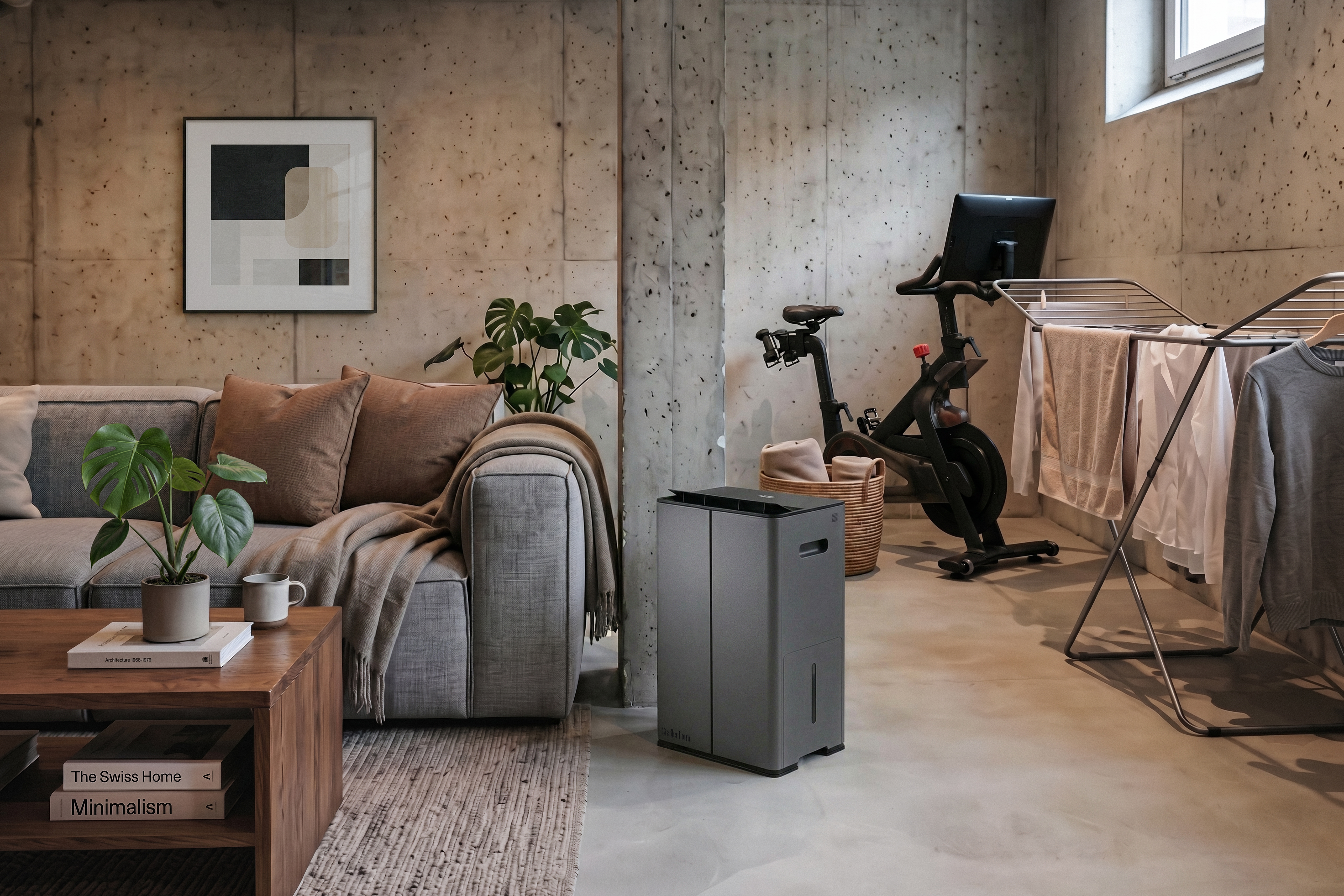 Ein grauer Luftentfeuchter steht in einem modernen Raum mit Sofa, Hometrainer und Wäscheständer vor Betonwänden.