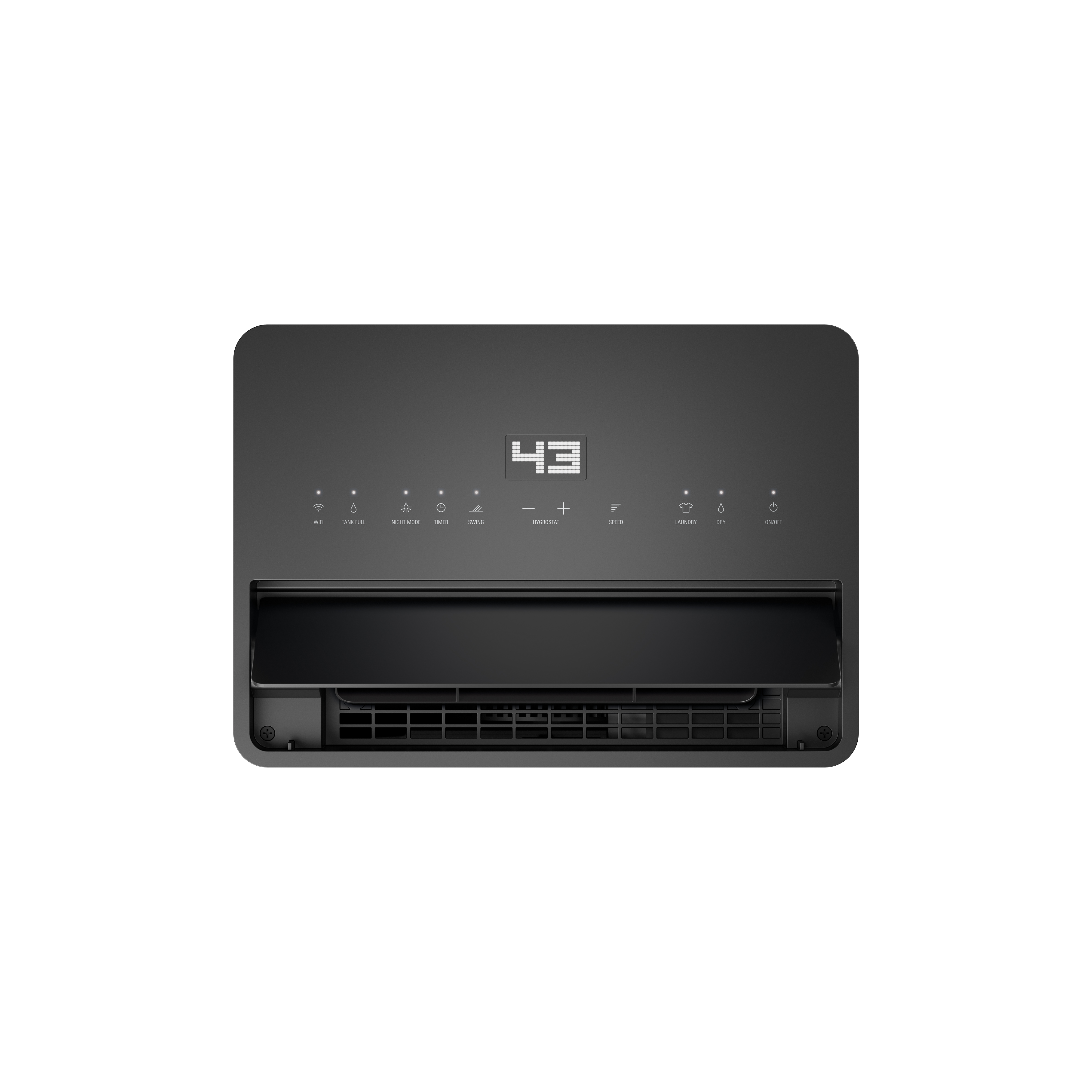 Ein schwarzer Luftentfeuchter mit digitaler LED-Anzeige und Touch-Bedienfeld auf der Vorderseite.