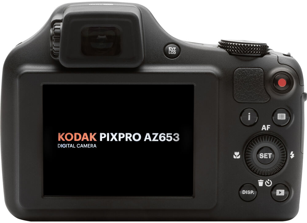 Fekete színű Kodak Pixpro AZ653 digitális fényképezőgép hátoldala kijelzővel és gombokkal.