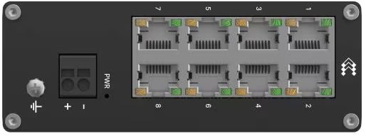 Modulo di rete nero con otto porte RJ45, vite di terra, connettore di alimentazione e quattro viti d'angolo.