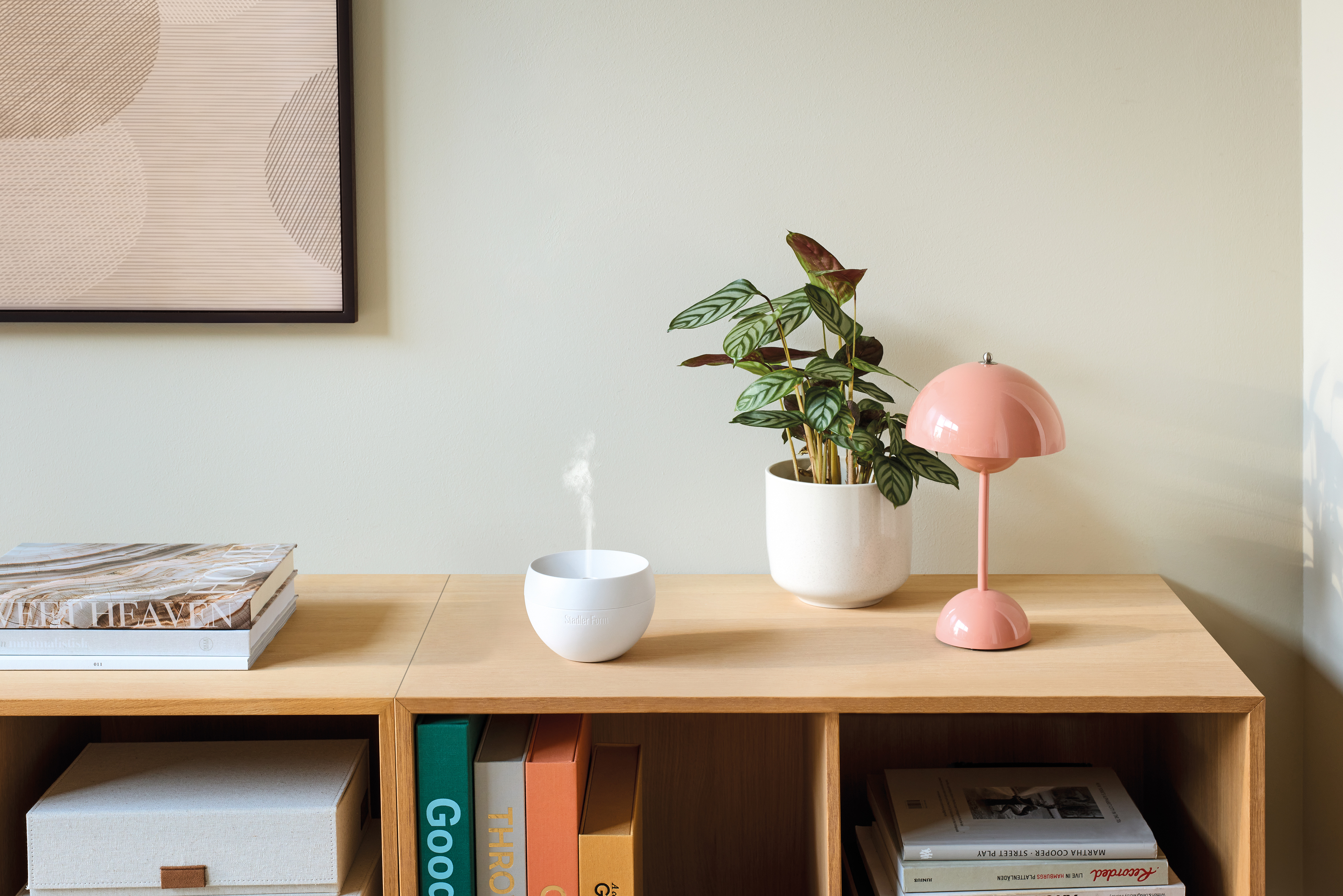 Ein weißer Diffusor mit Dampf, eine grüne Pflanze im Topf und eine rosa Lampe stehen auf einem hellen Holzregal.