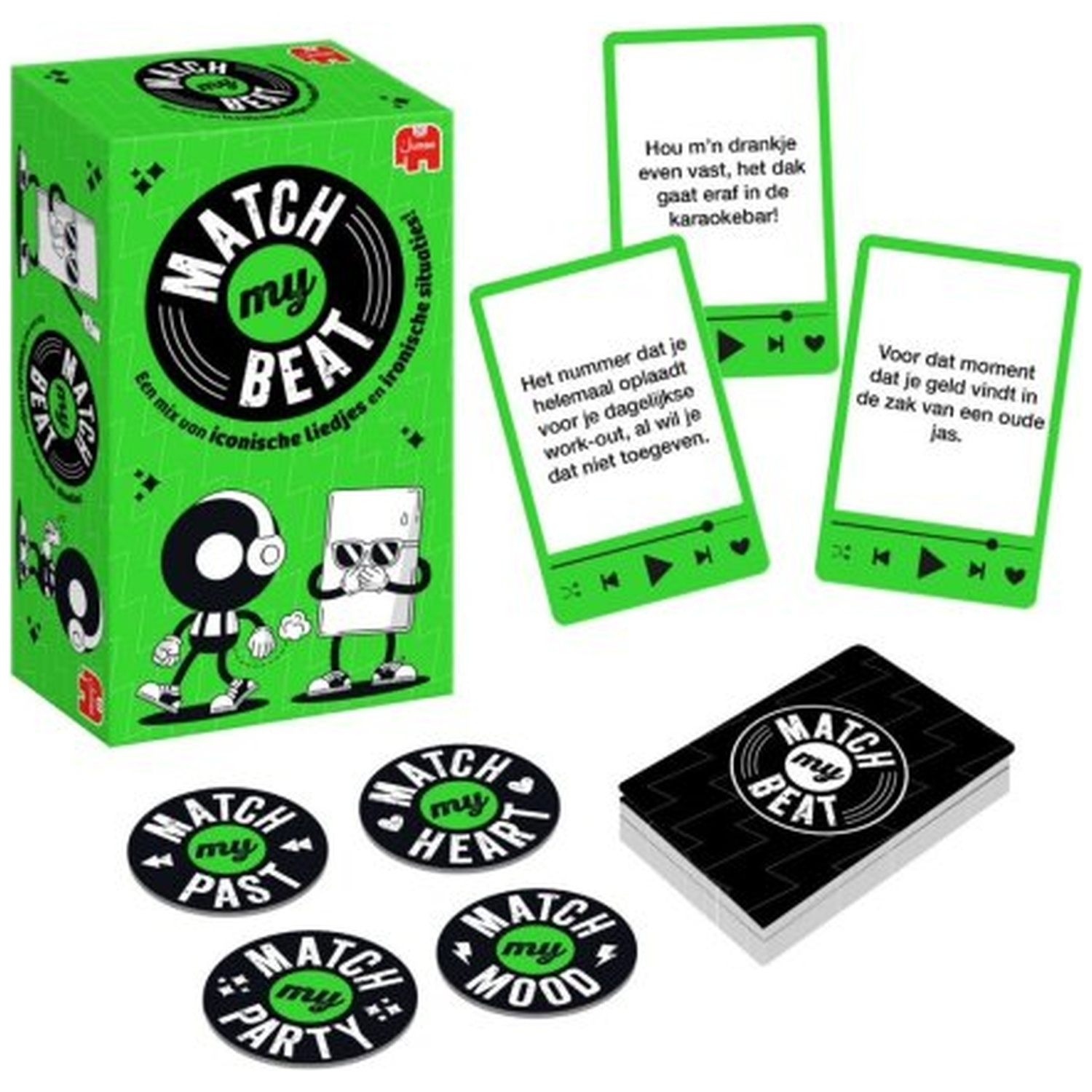 Match My Beat card game with green box, playing cards, round tokens, and cartoon characters.