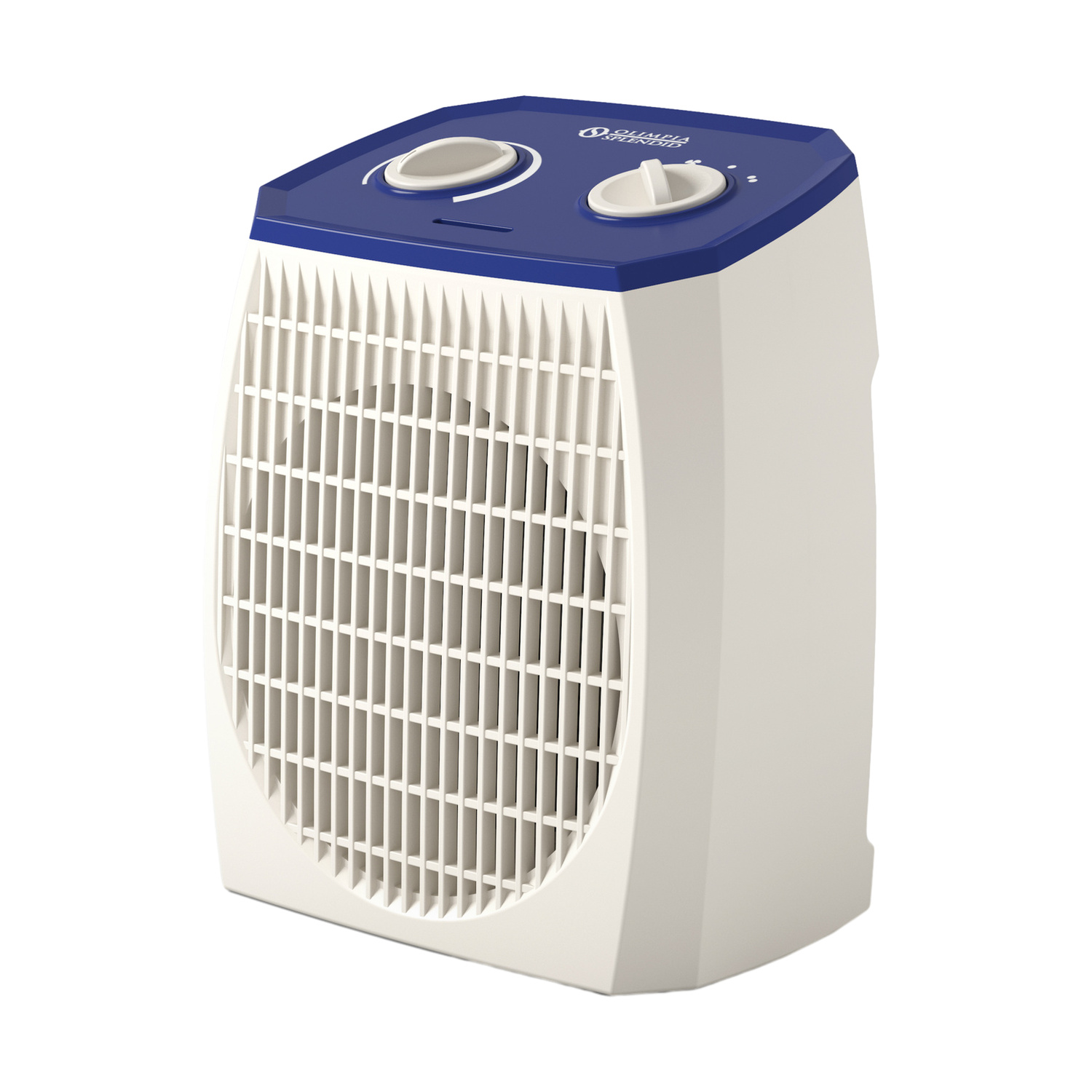 Un termoventilatore bianco con parte superiore blu e due manopole su sfondo bianco.