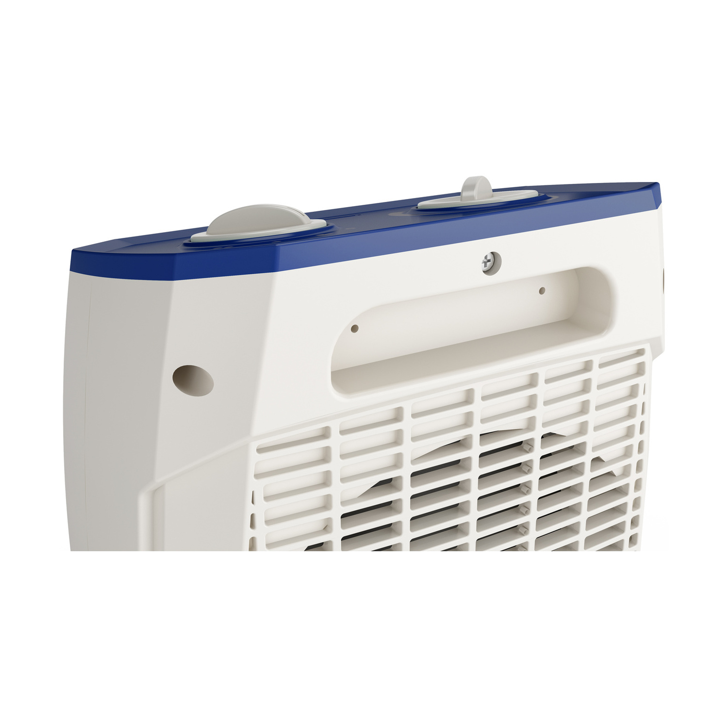 Un termoventilatore bianco e blu con griglia e due manopole in alto su sfondo bianco.