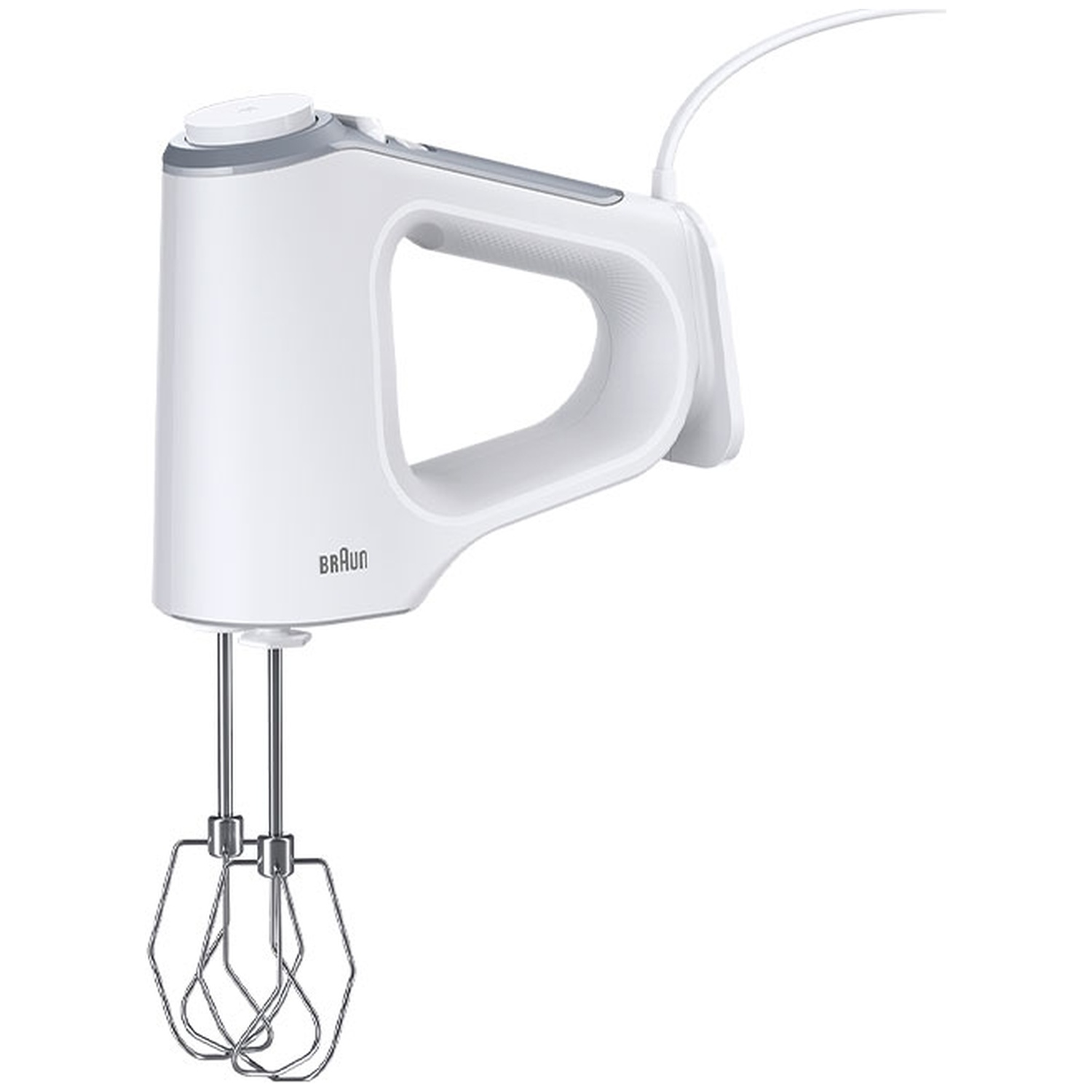Een witte Braun handmixer met twee roestvrijstalen draadgardes tegen een witte achtergrond.