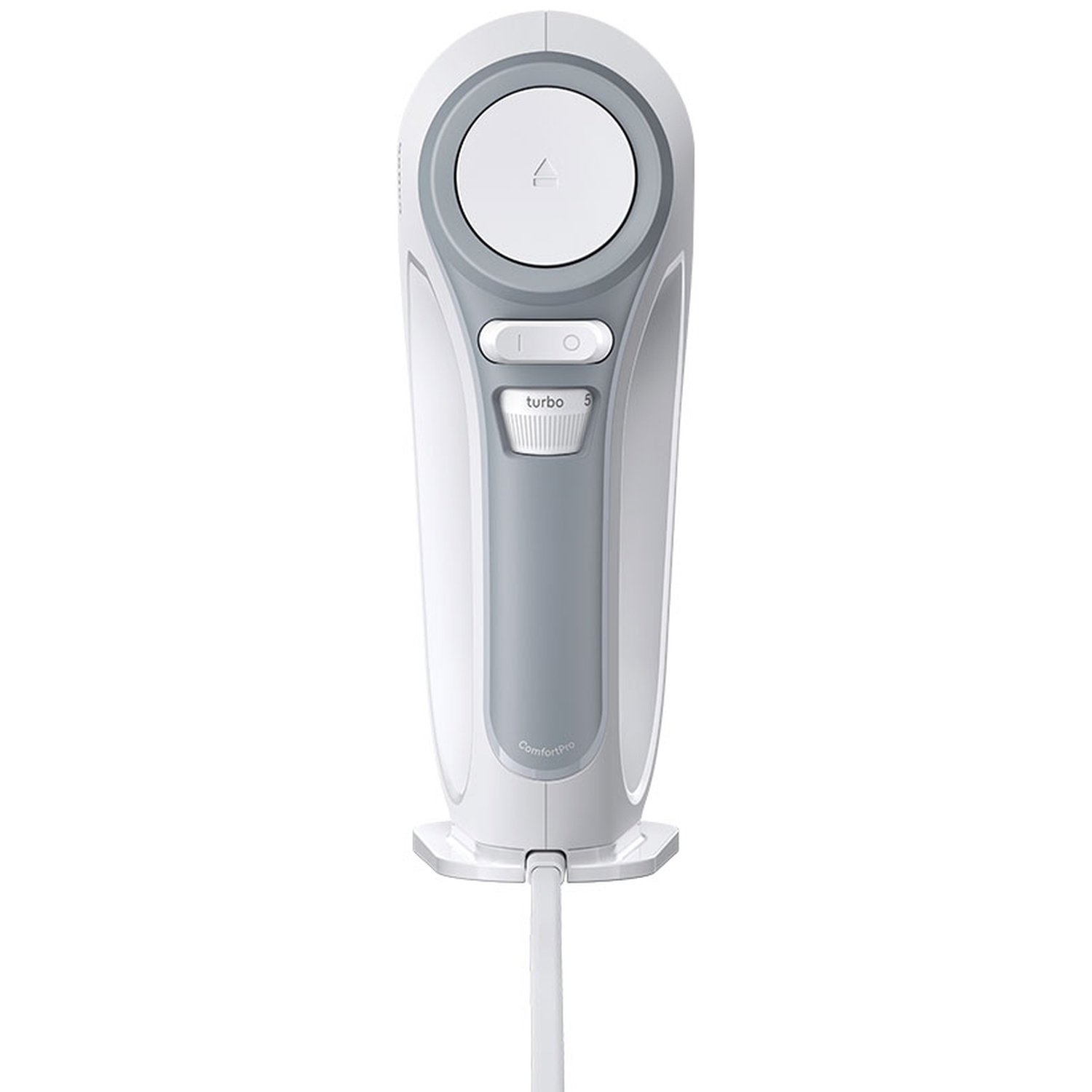 Een witte ComfortPro handmixer met grijze accenten, bedieningsknoppen en snelheidsregelaar.