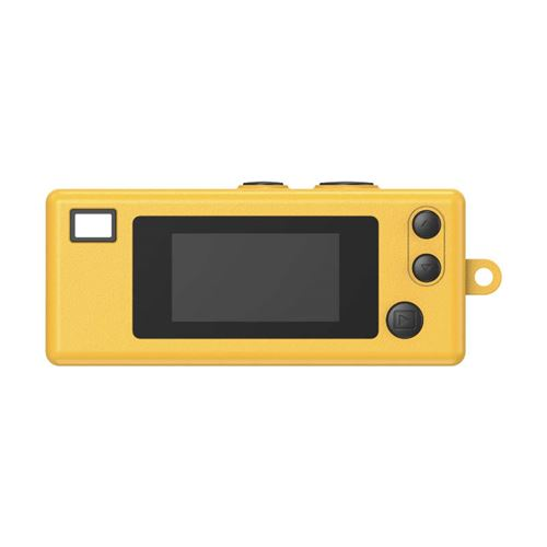 Una cámara digital amarilla rectangular con pantalla, visor y botones de control sobre fondo blanco.