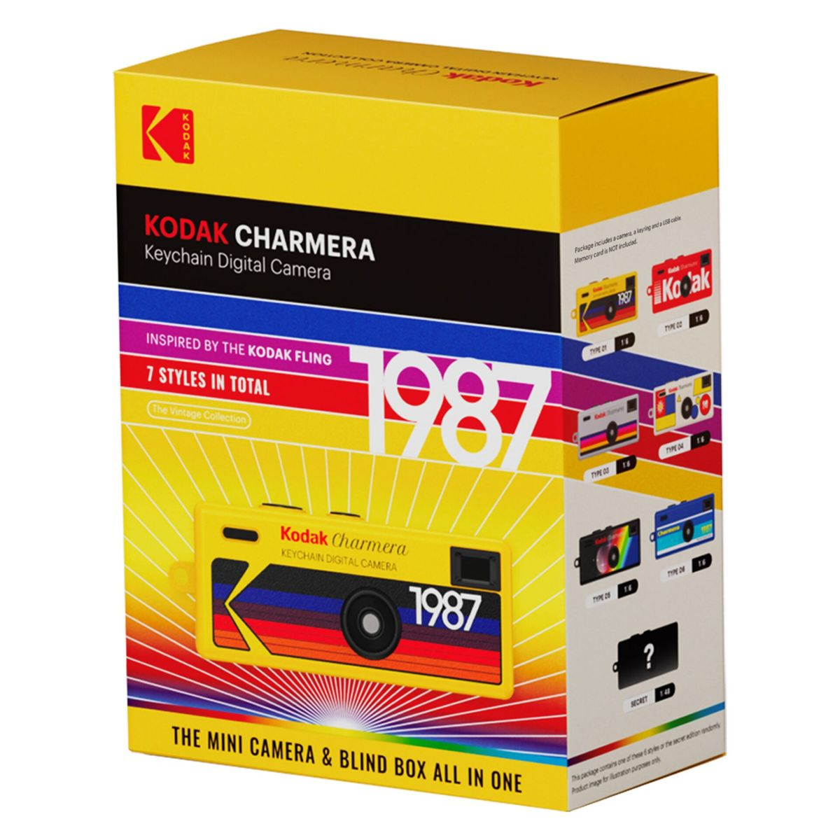 Caja amarilla de la minicámara digital Kodak Charmera, con franjas retro e imágenes de productos en el lateral.