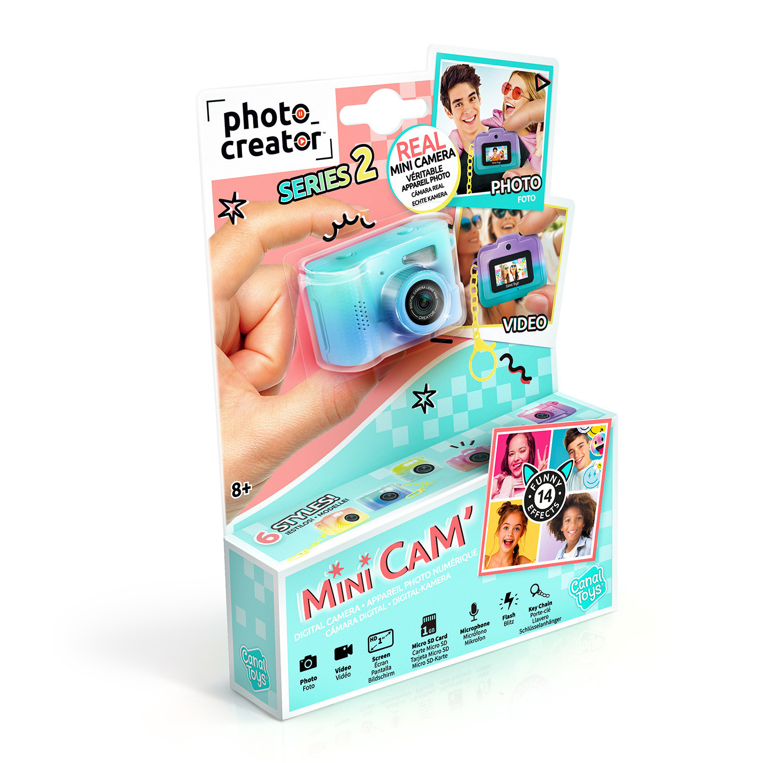 Empaque de la Photo Creator Mini Cam Serie 2, mostrando una cámara digital azul y fotos de niños.