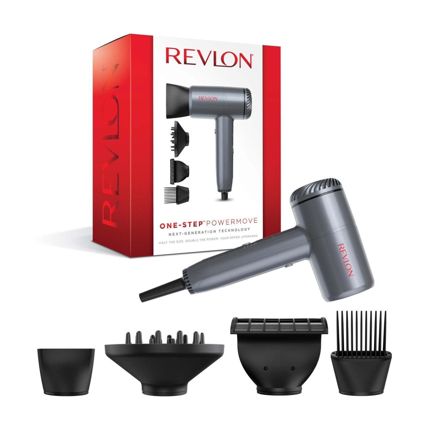 Secador de pelo Revlon gris con cuatro accesorios diferentes y su caja de embalaje roja al fondo.