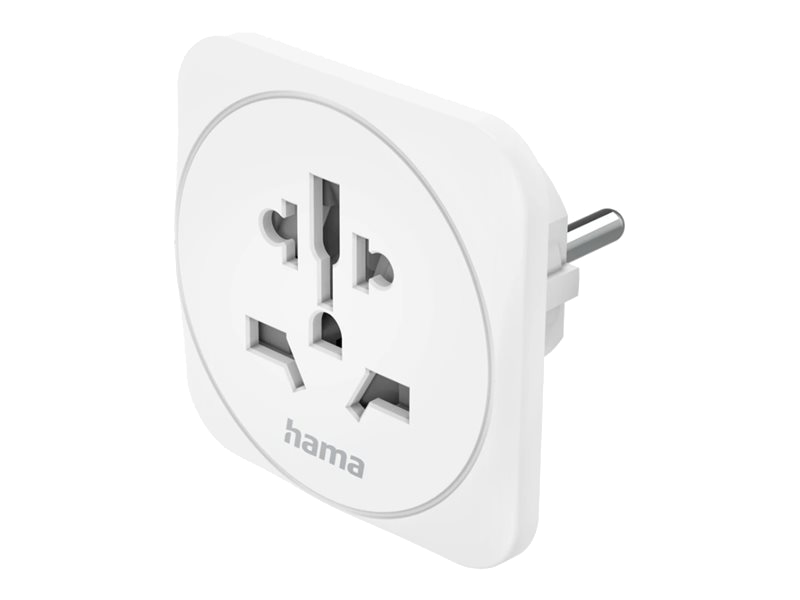 Un adaptador de viaje Hama blanco con enchufe universal y clavija de tierra sobre fondo negro.