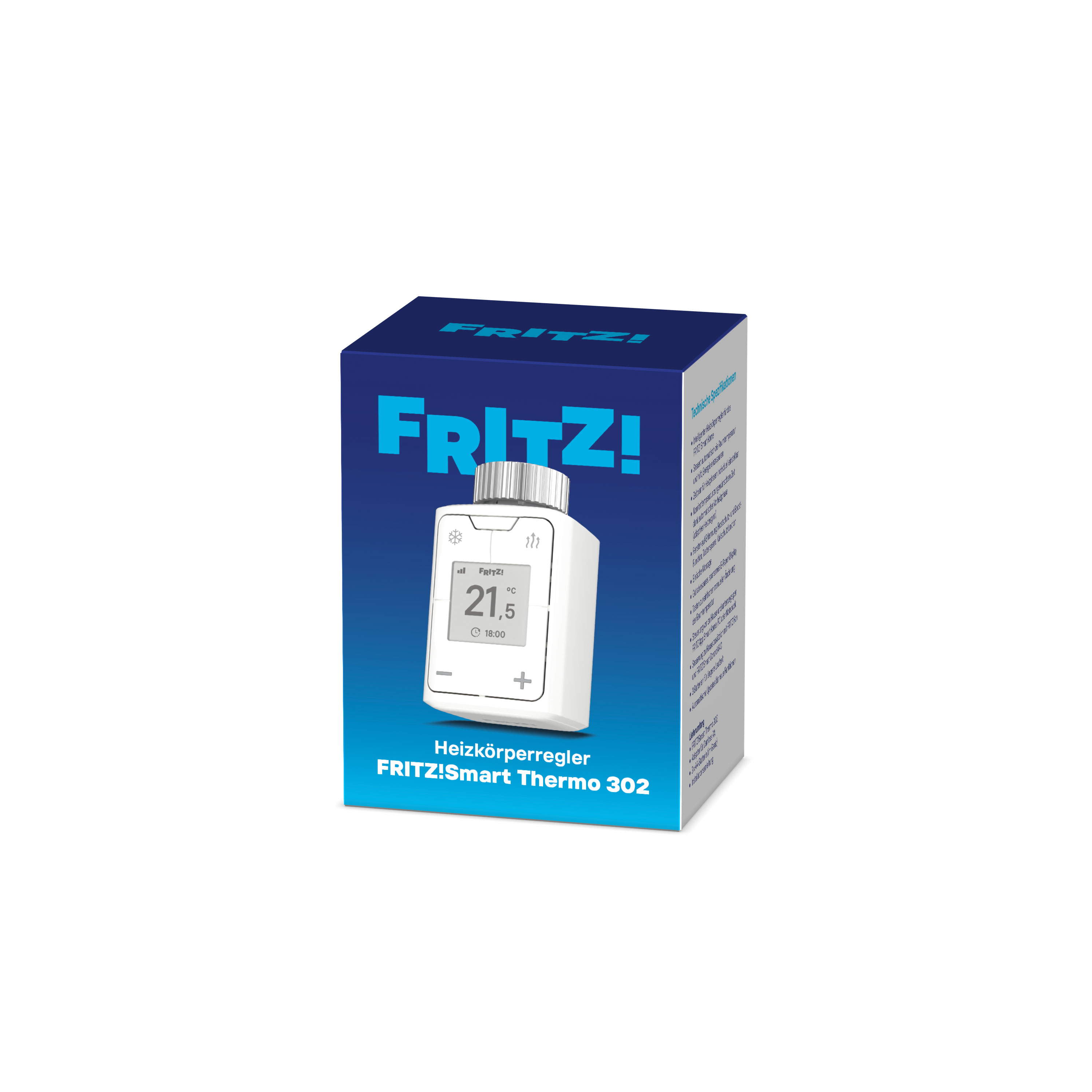 Blaue Produktverpackung des FRITZ!Smart Thermo 302 Heizkörperreglers mit weißem Gerät.